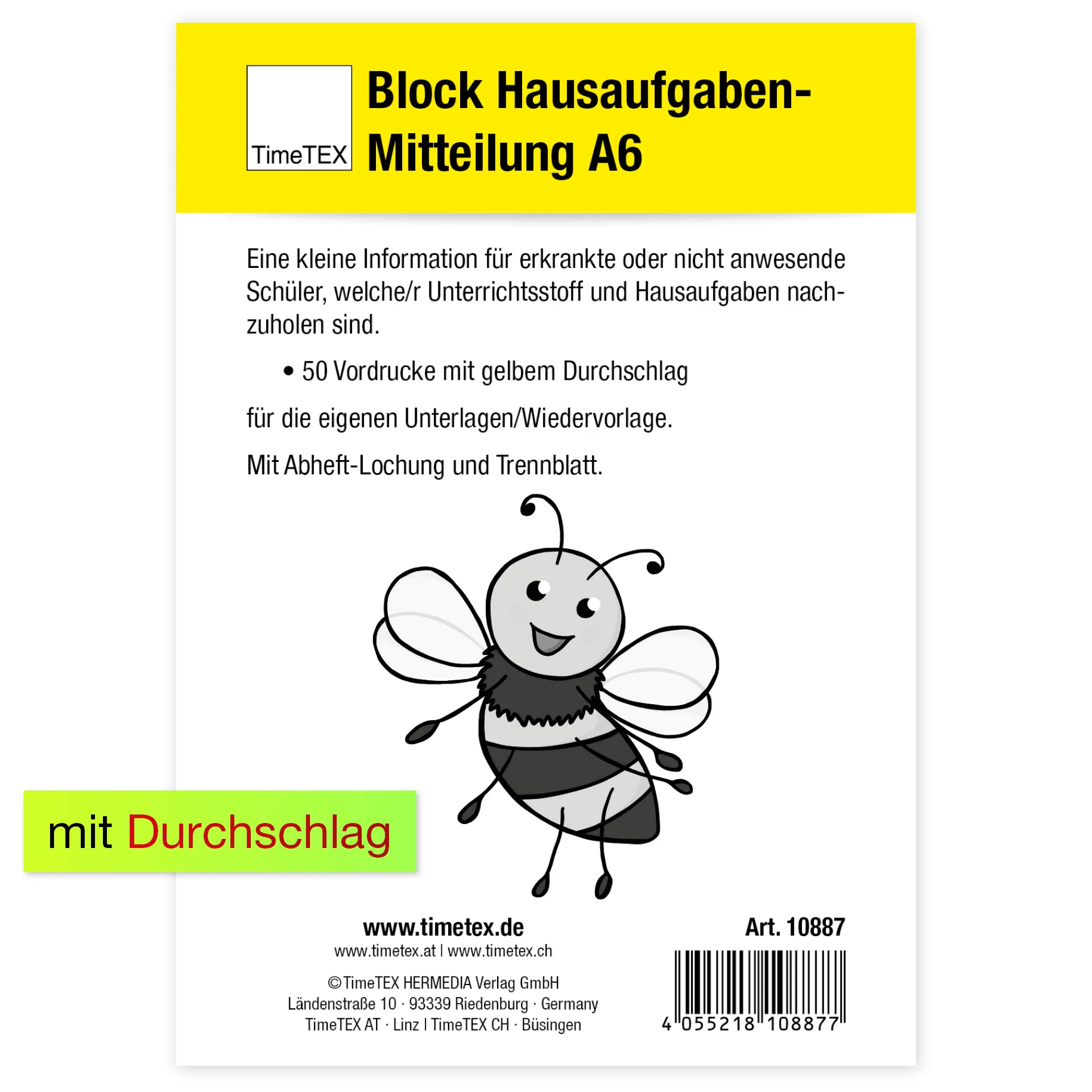 Block Hausaufgaben-Mitteilung A6, 50 Blatt mit Durchschlag