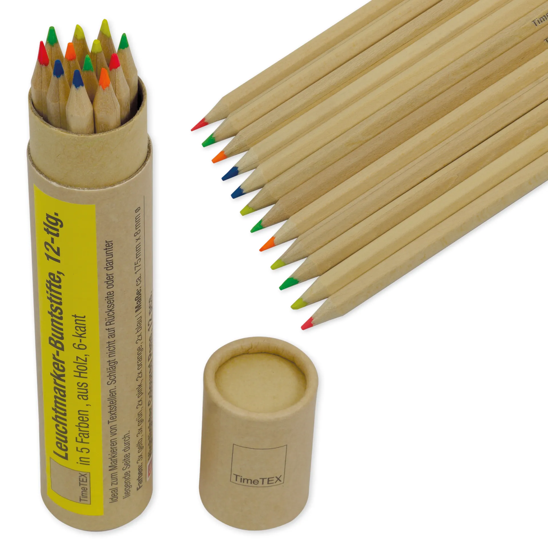 TimeTEX Leuchtmarker-Buntstifte aus Holz, sechskant, 12-tlg. in 5 Farben