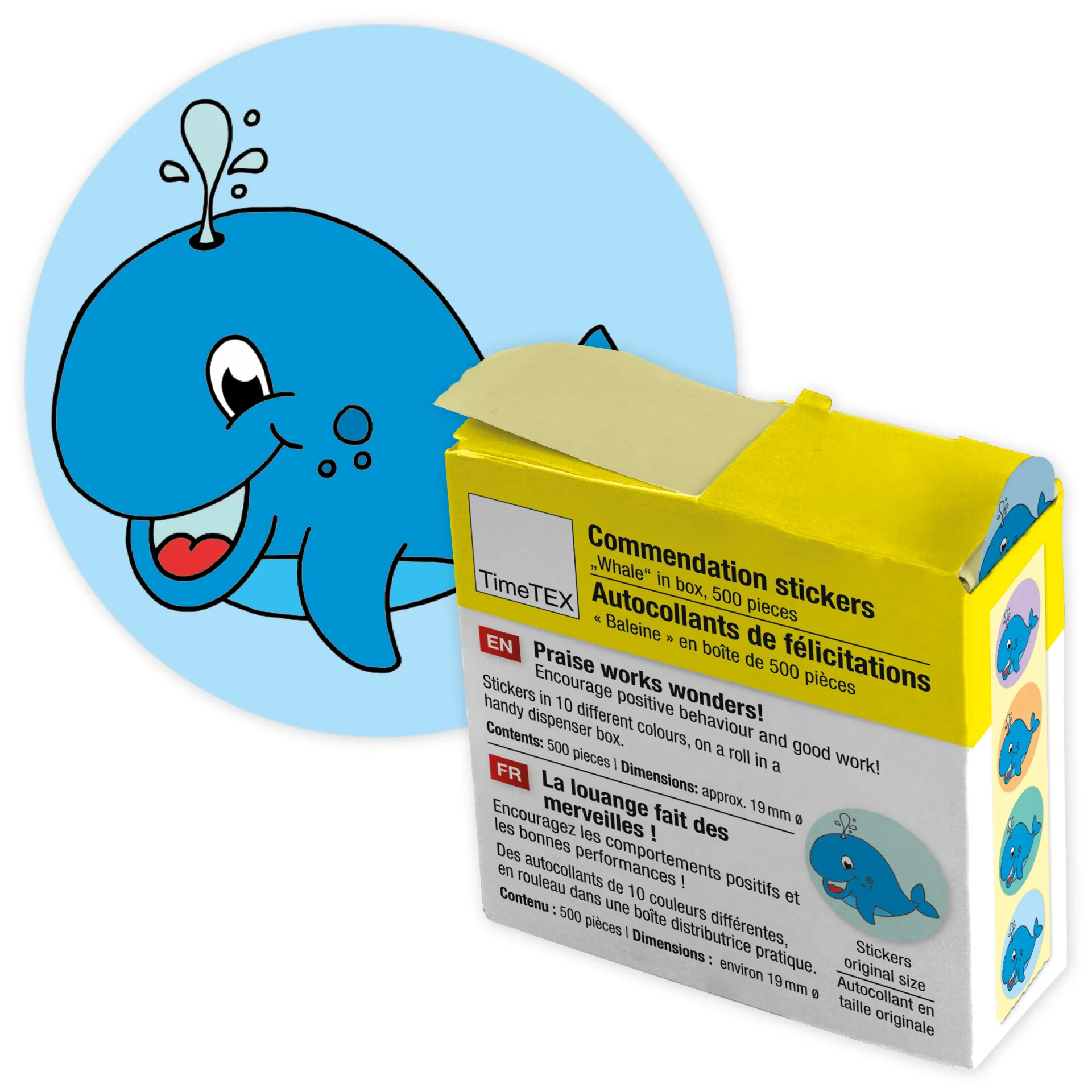 Belobigungs-Aufkleber "Wal" in Spender-Box, 500 Stück