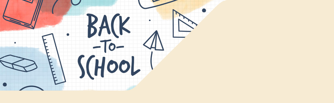 Farbenfrohes Grafikdesgin mit der Aufschrift "Back to School" und handgezeichneten Schulutensilien wie Buch, Rucksack, Lineal, Bleistift und Federmäppchen