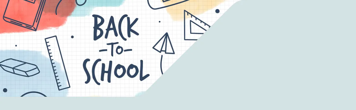 Farbenfrohes Grafikdesgin mit der Aufschrift "Back to School" und handgezeichneten Schulutensilien wie Buch, Rucksack, Lineal, Bleistift und Federmäppchen