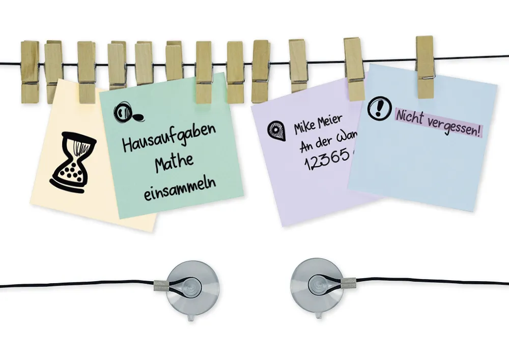"Wäscheleine" für Memo-Zettel, inkl. 12 Holzklammern, Saugnapf