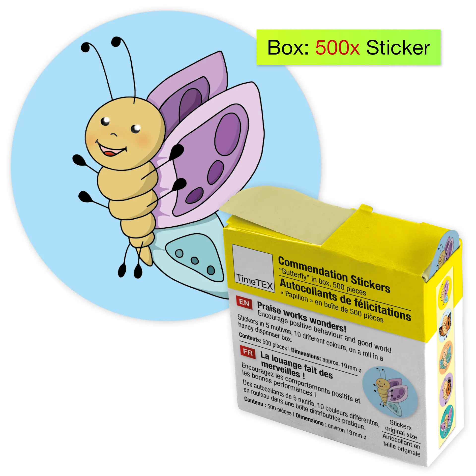 Belobigungs-Aufkleber "Schmetterling" in Spender-Box, 500 Stück