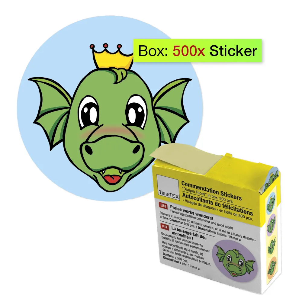 Belobigungs-Aufkleber "Drachen-Gesichter" in Spender-Box, 500 Stück