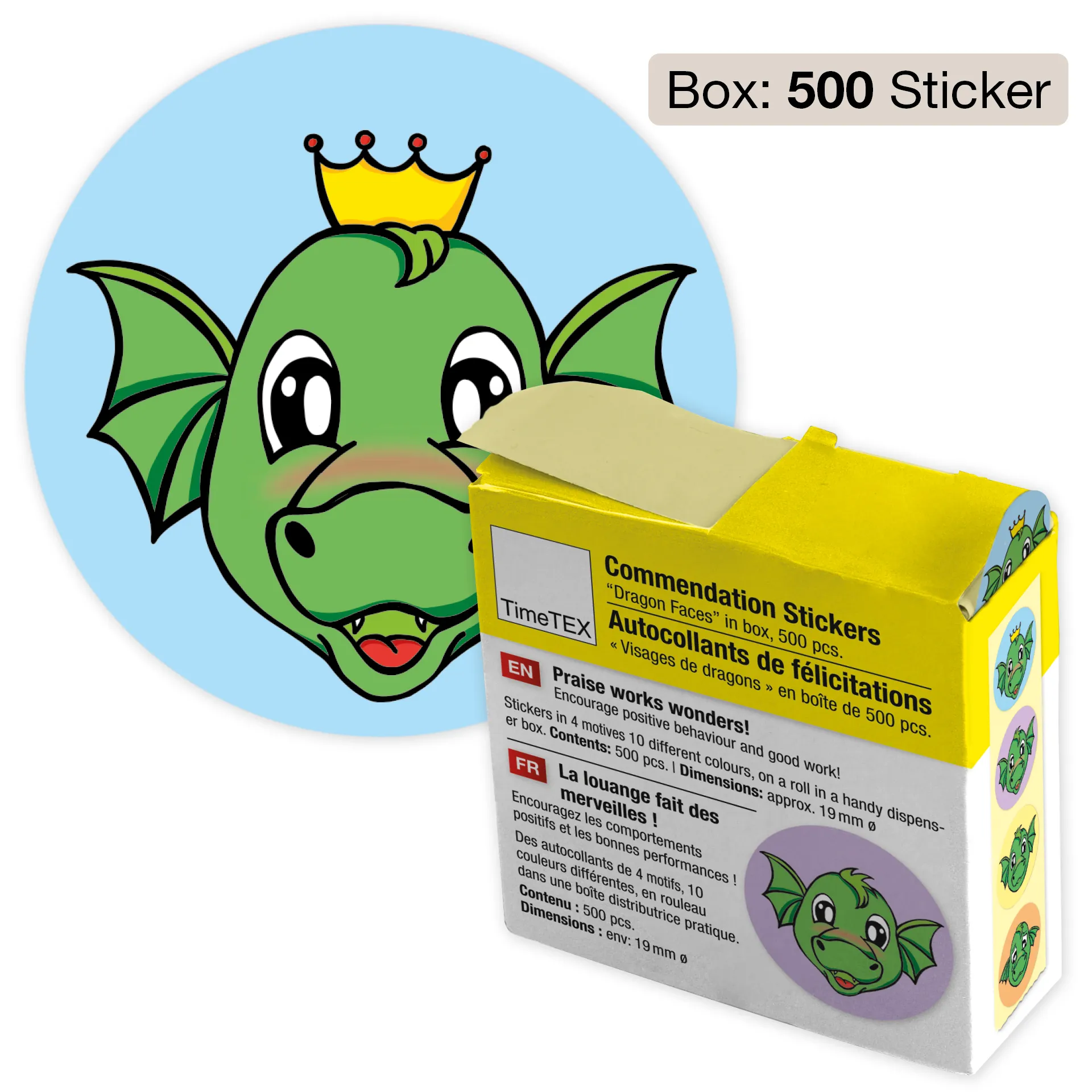 Belobigungs-Aufkleber "Drachen-Gesichter" in Spender-Box, 500 Stück