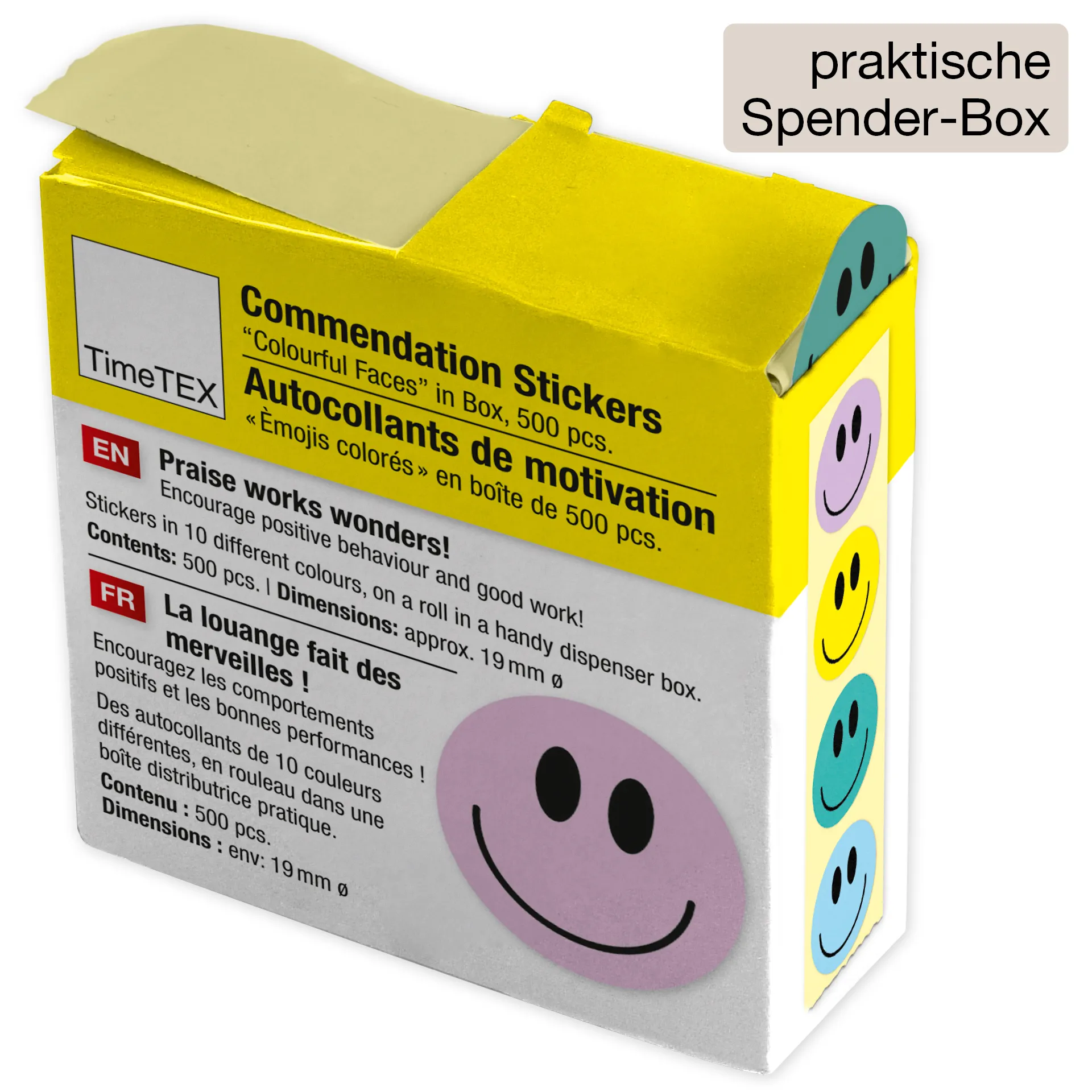 Belobigungs-Aufkleber "Gesichter bunt" in Spender-Box, 500 Stück