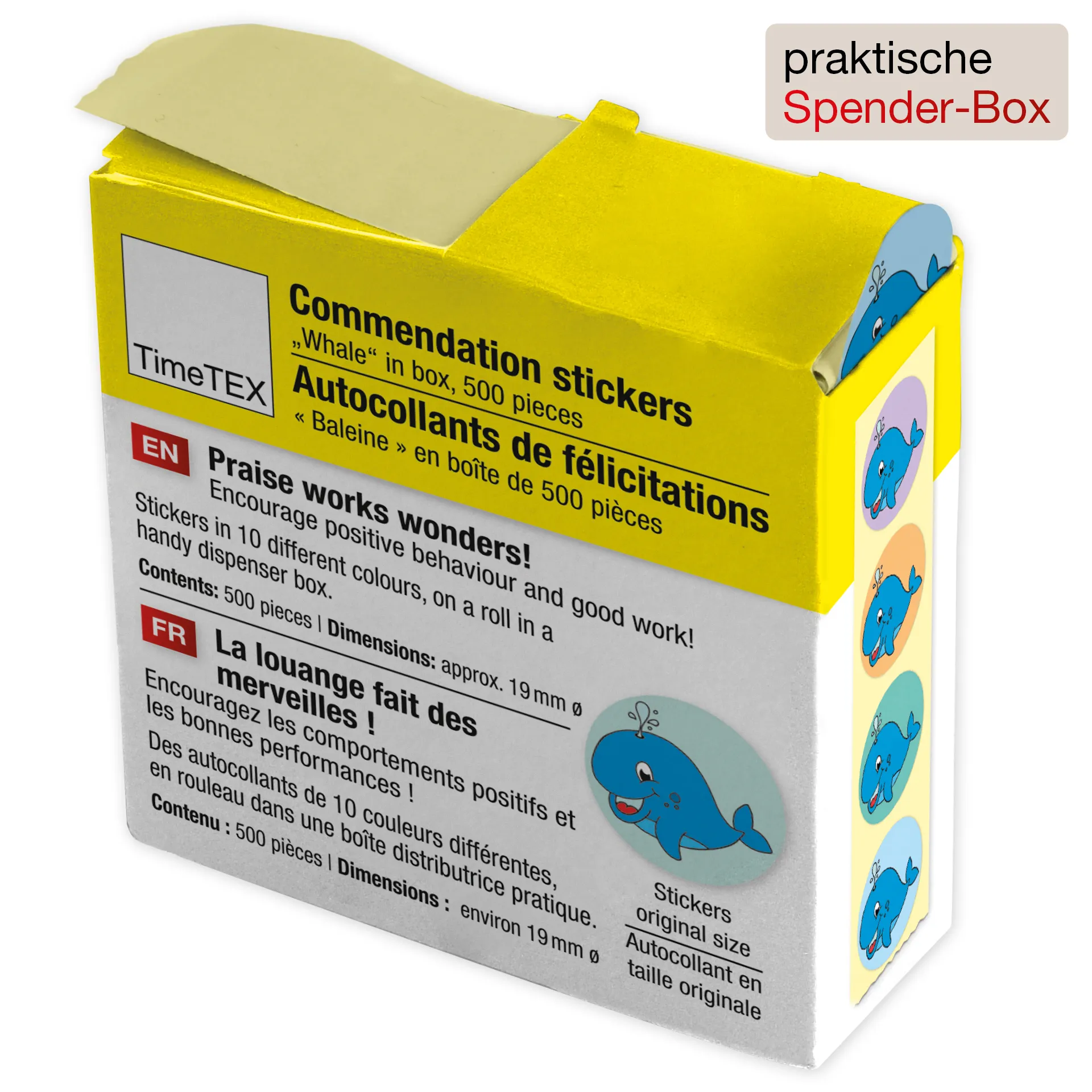 Belobigungs-Aufkleber "Wal" in Spender-Box, 500 Stück