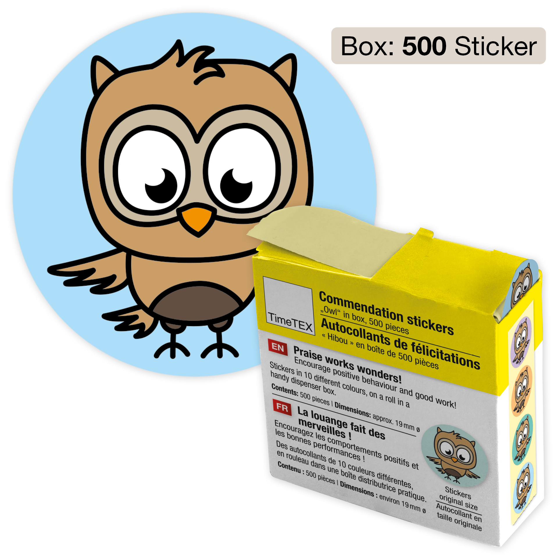 Belobigungs-Aufkleber "Eule" in Spender-Box, 500 Stück