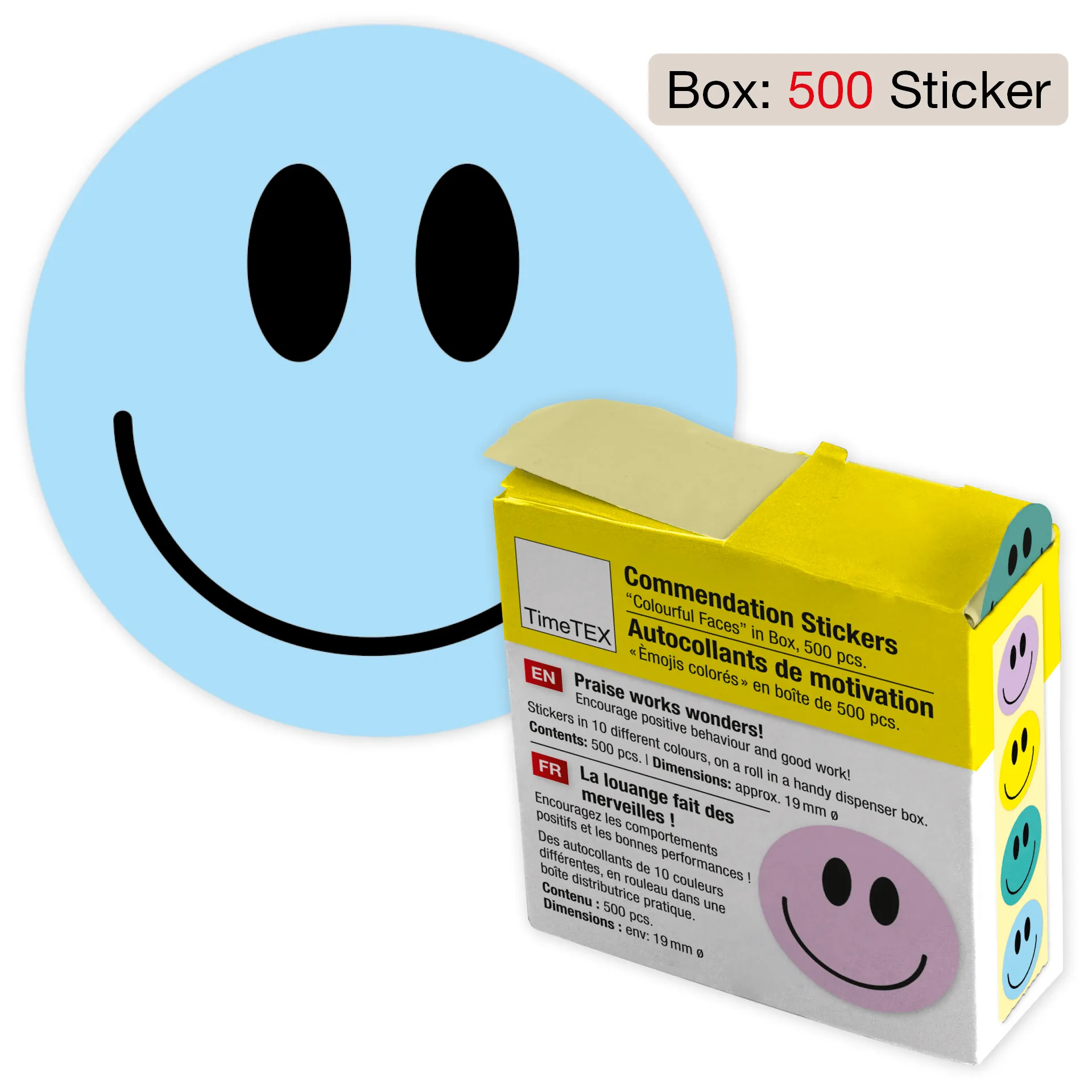 Belobigungs-Aufkleber "Gesichter bunt" in Spender-Box, 500 Stück