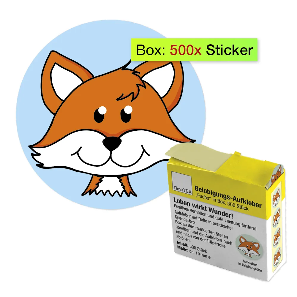 Belobigungs-Aufkleber "Fuchs" in Spender-Box, 500 Stück