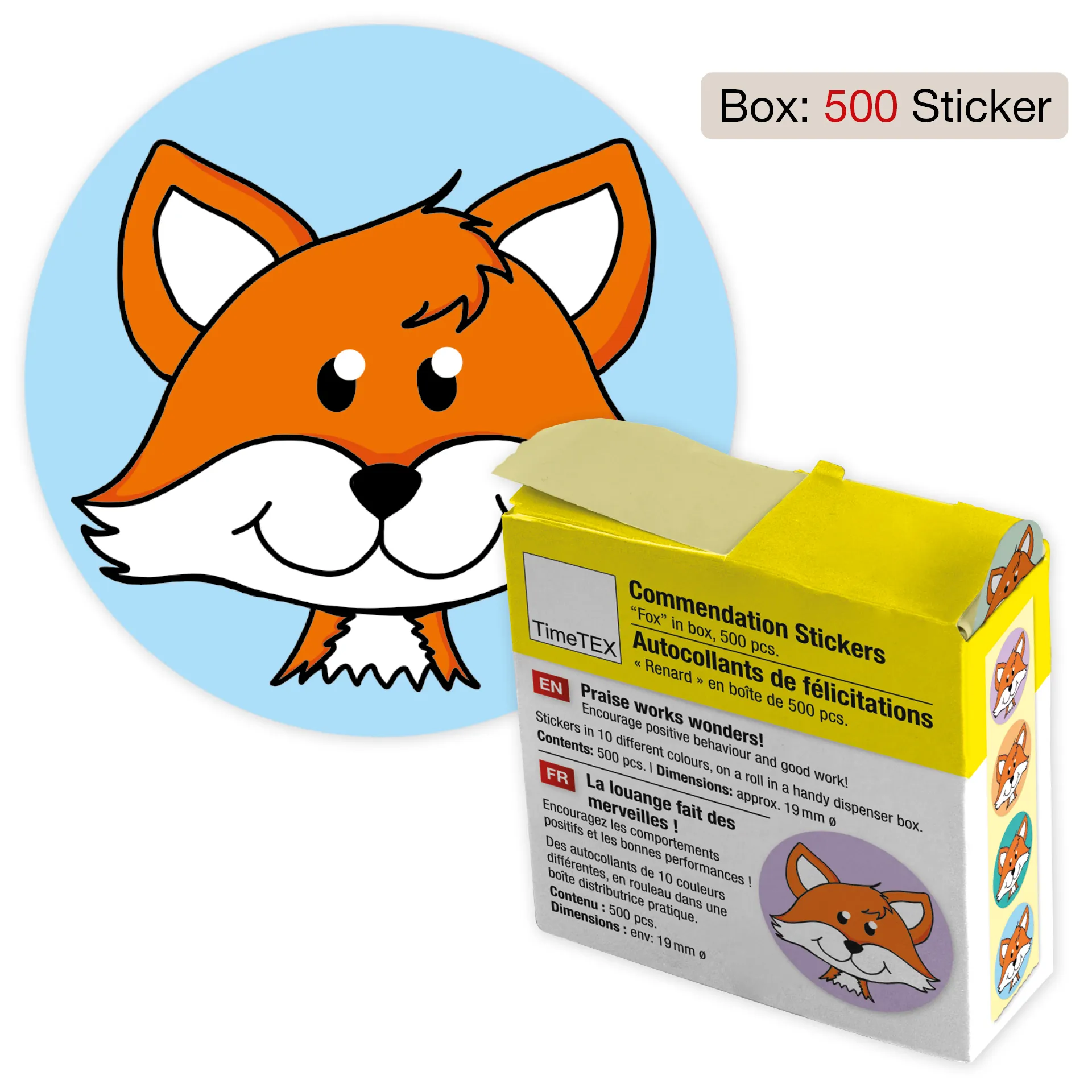 Belobigungs-Aufkleber "Fuchs" in Spender-Box, 500 Stück