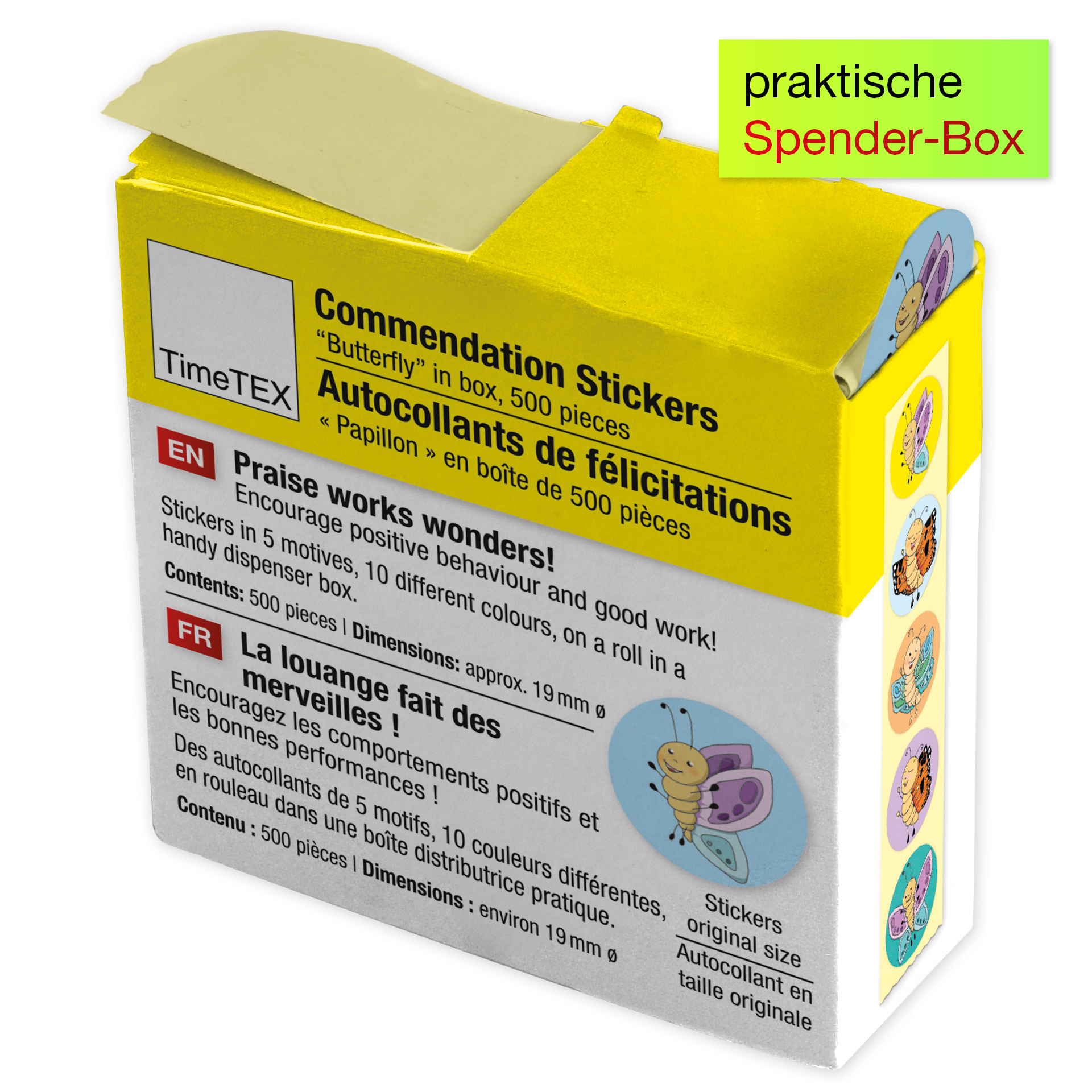 Belobigungs-Aufkleber "Schmetterling" in Spender-Box, 500 Stück