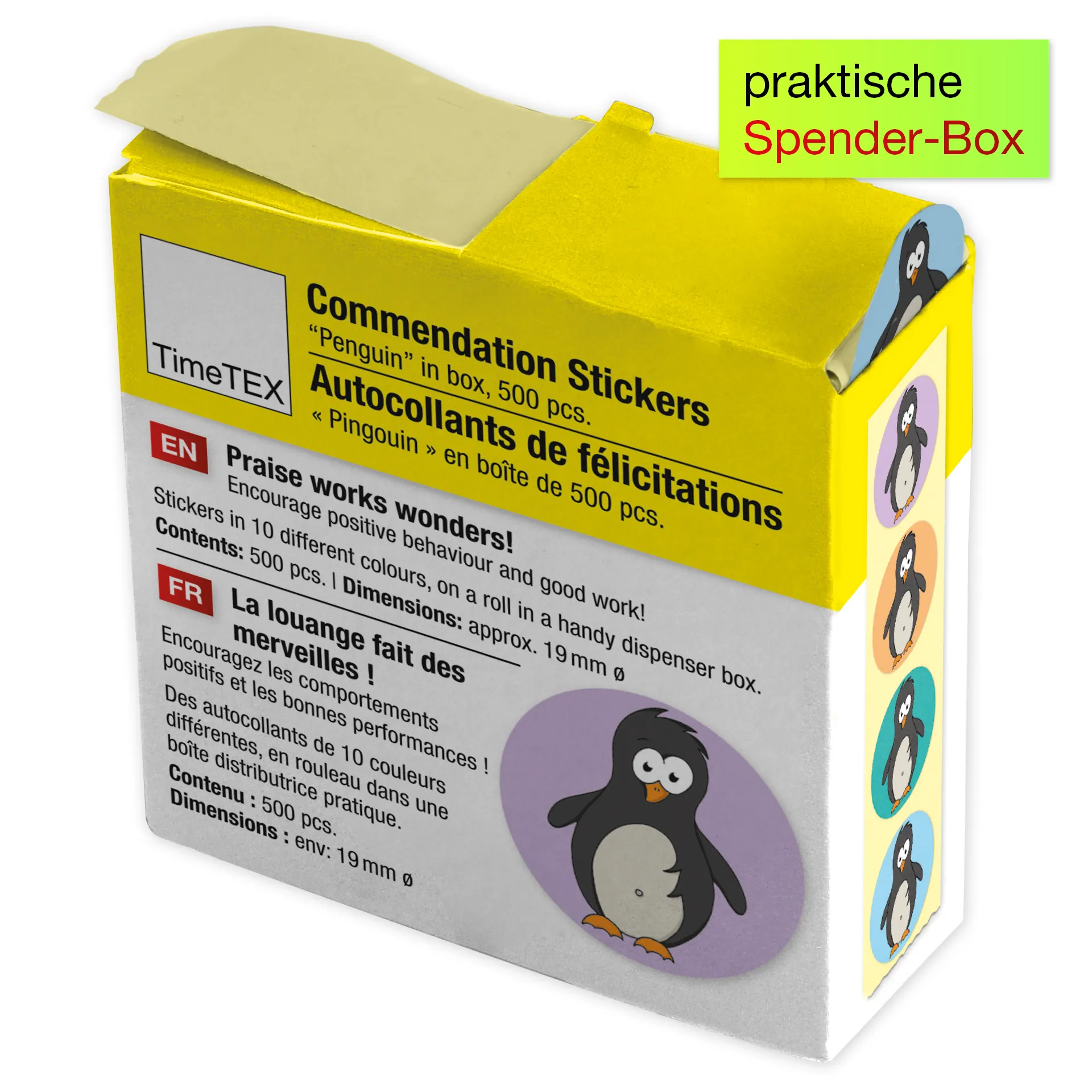 Belobigungs-Aufkleber "Pinguin" in Spender-Box, 500 Stück