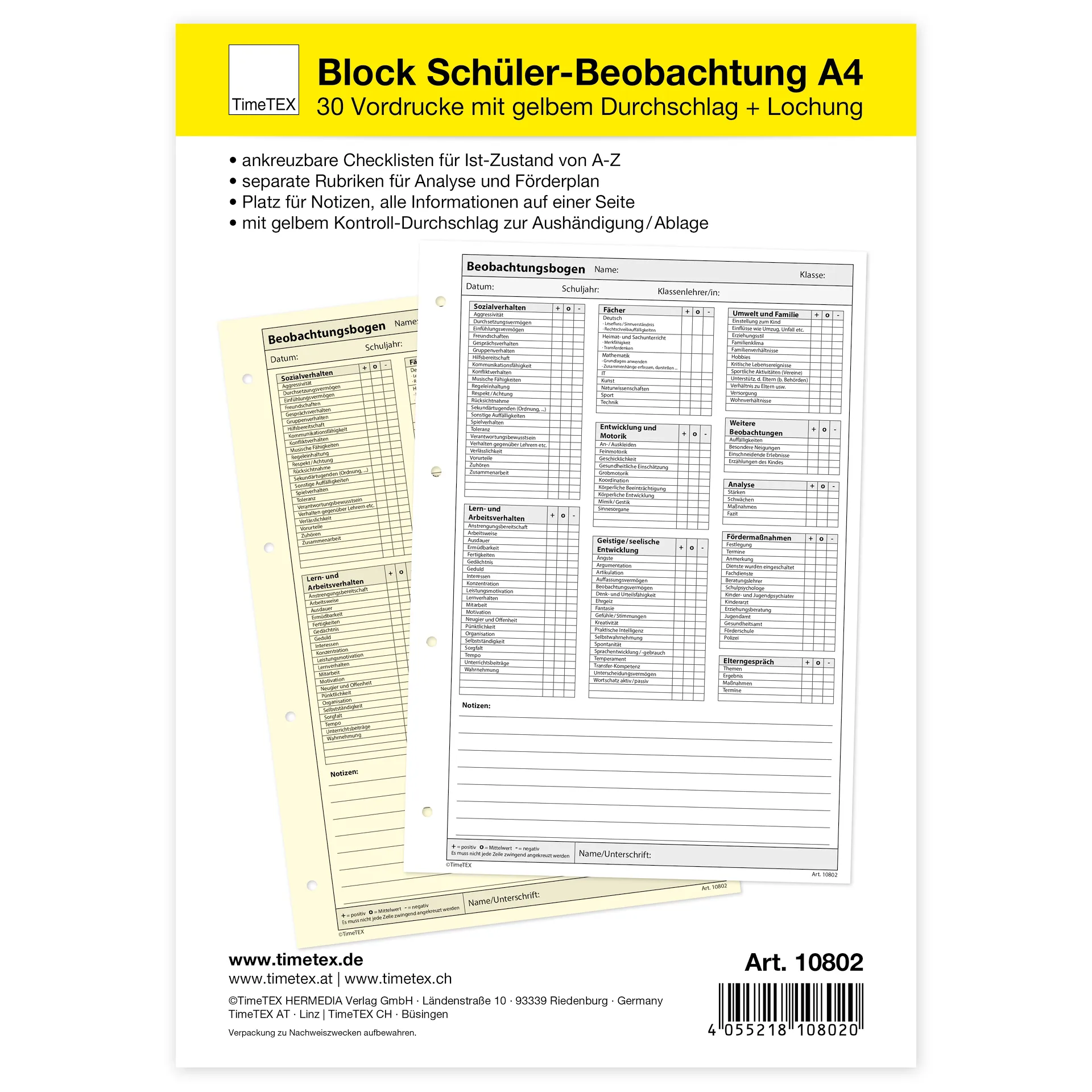 TimeTEX Block Schüler-Beobachtung A4, 30 Blatt mit Durchschlag