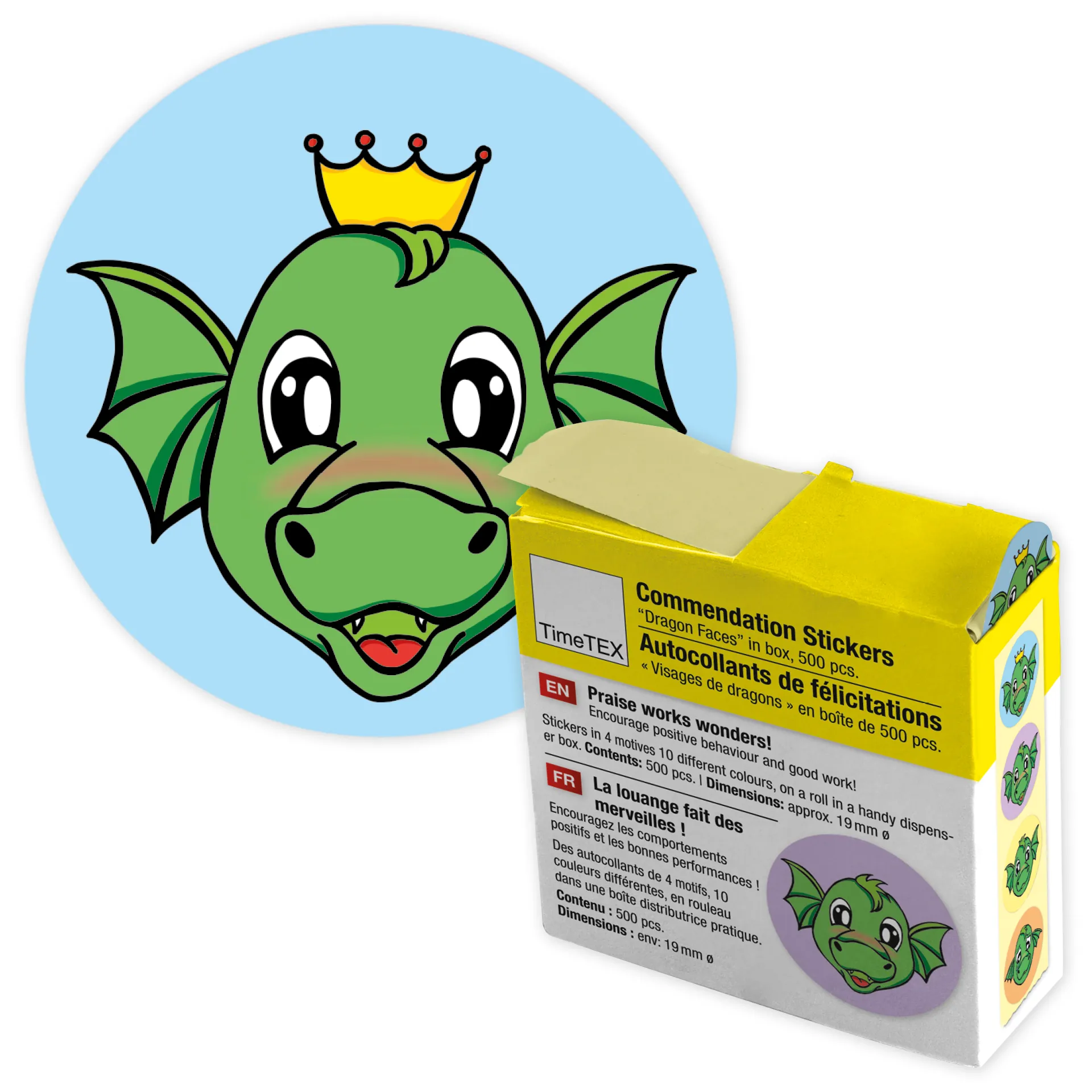 Belobigungs-Aufkleber "Drachen-Gesichter" in Spender-Box, 500 Stück