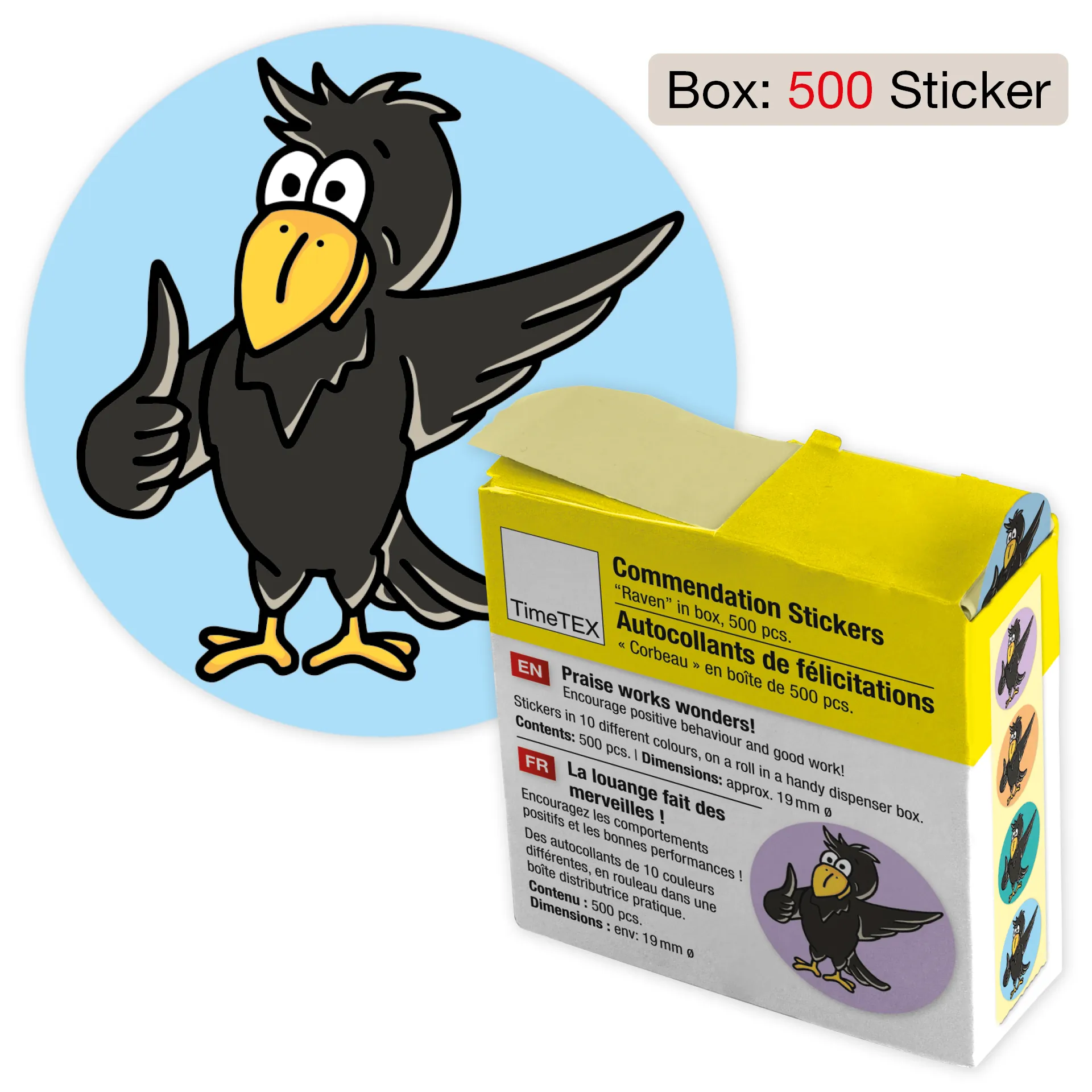 Belobigungs-Aufkleber "Rabe" in Spender-Box, 500 Stück