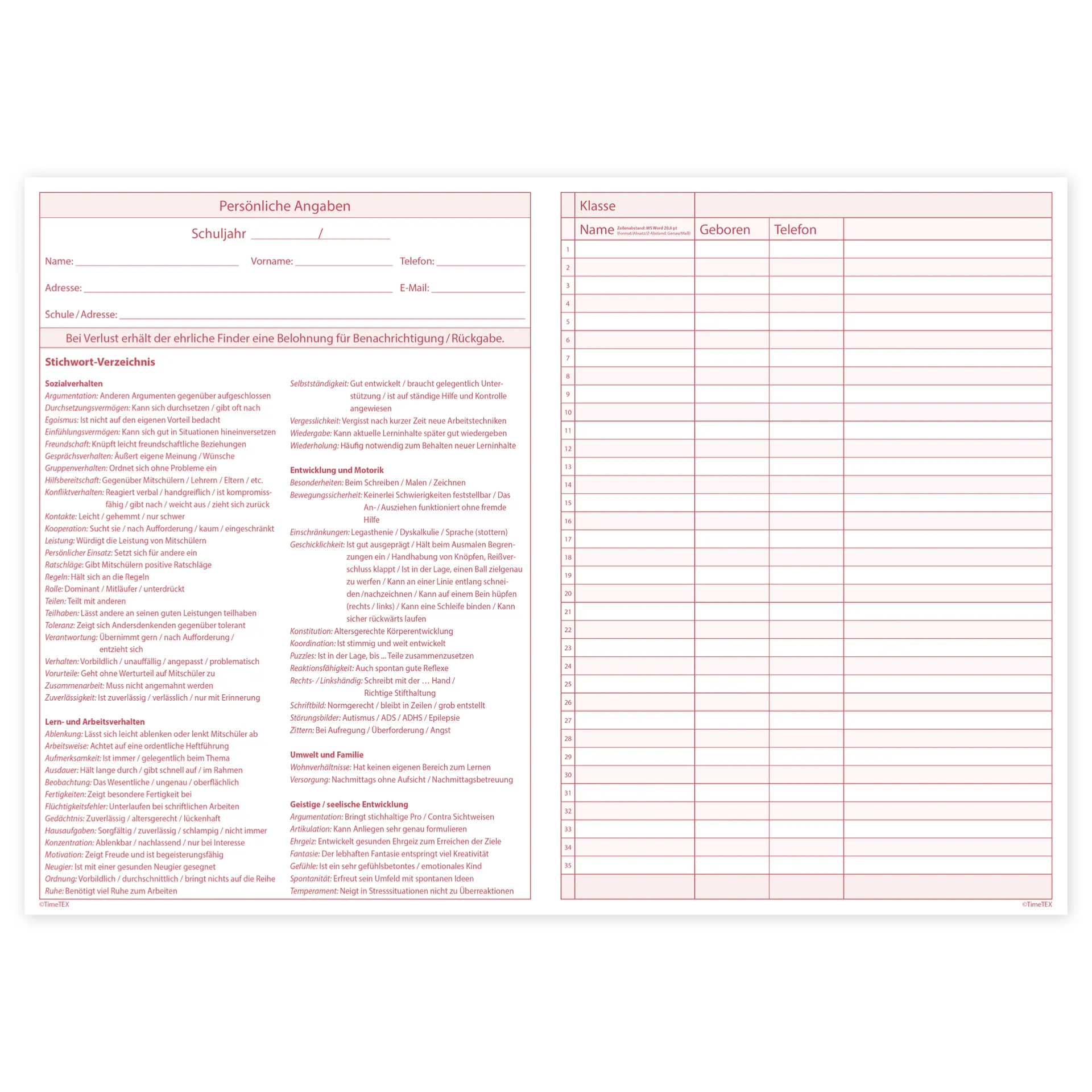 TimeTEX Heft Schüler-Beobachtung A4