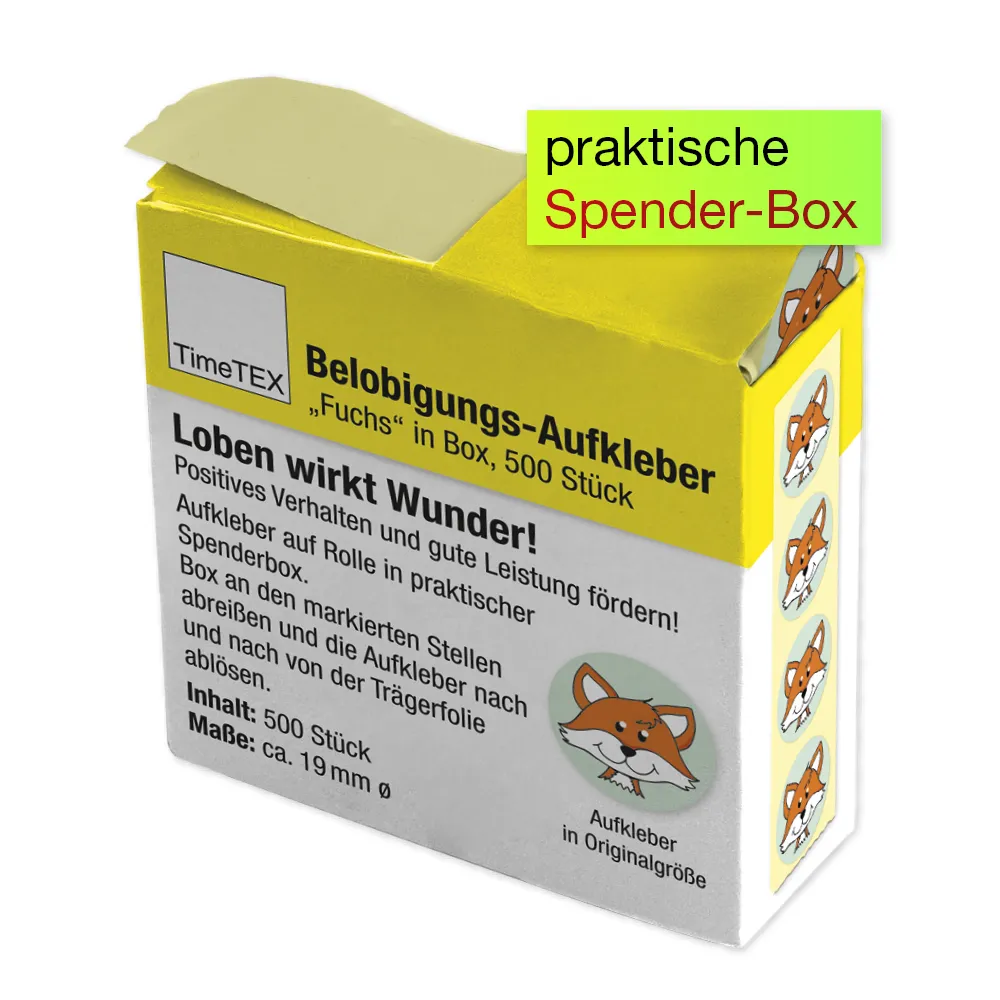 Belobigungs-Aufkleber "Fuchs" in Spender-Box, 500 Stück