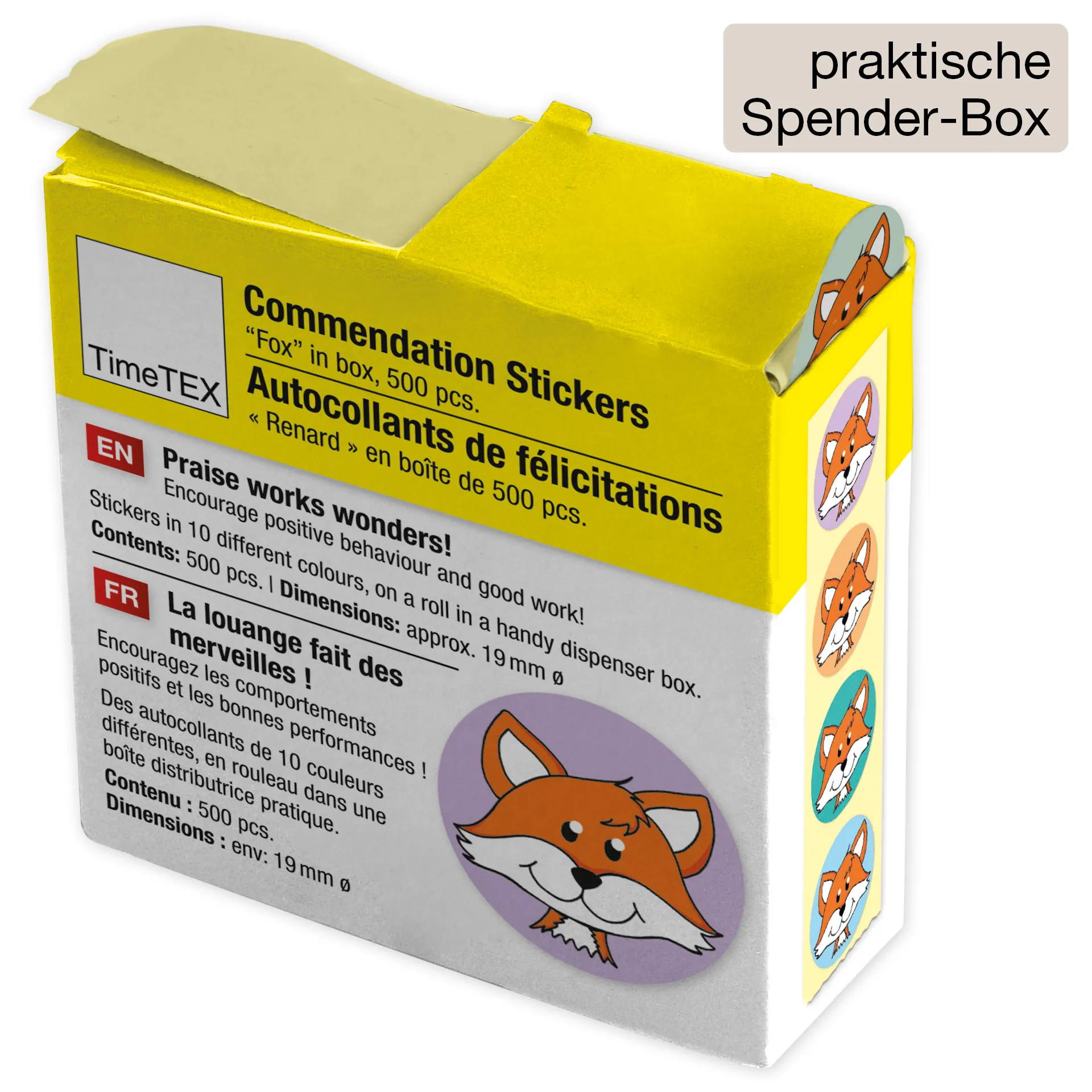 Belobigungs-Aufkleber "Fuchs" in Spender-Box, 500 Stück