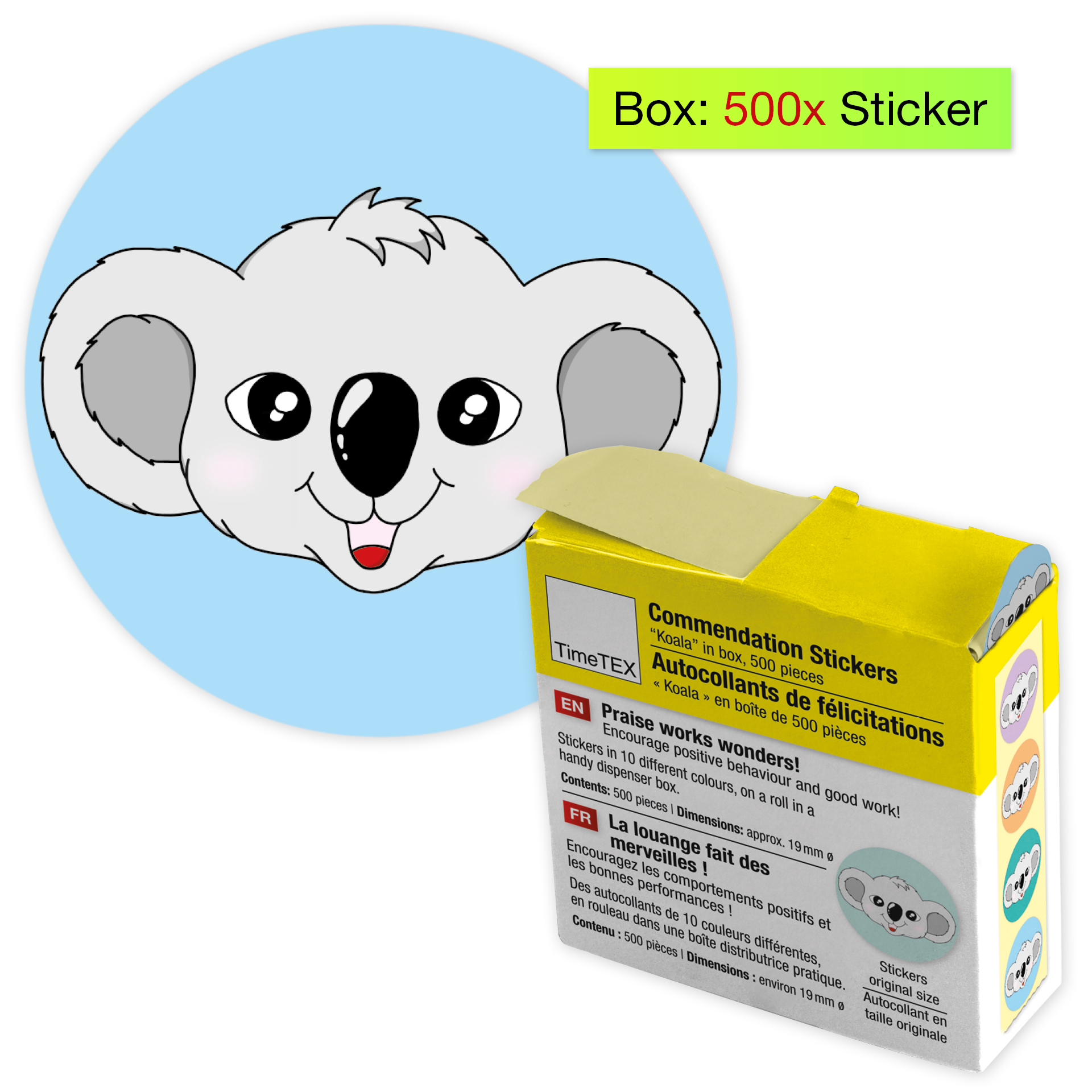 Belobigungs-Aufkleber "Koala" in Spender-Box, 500 Stück