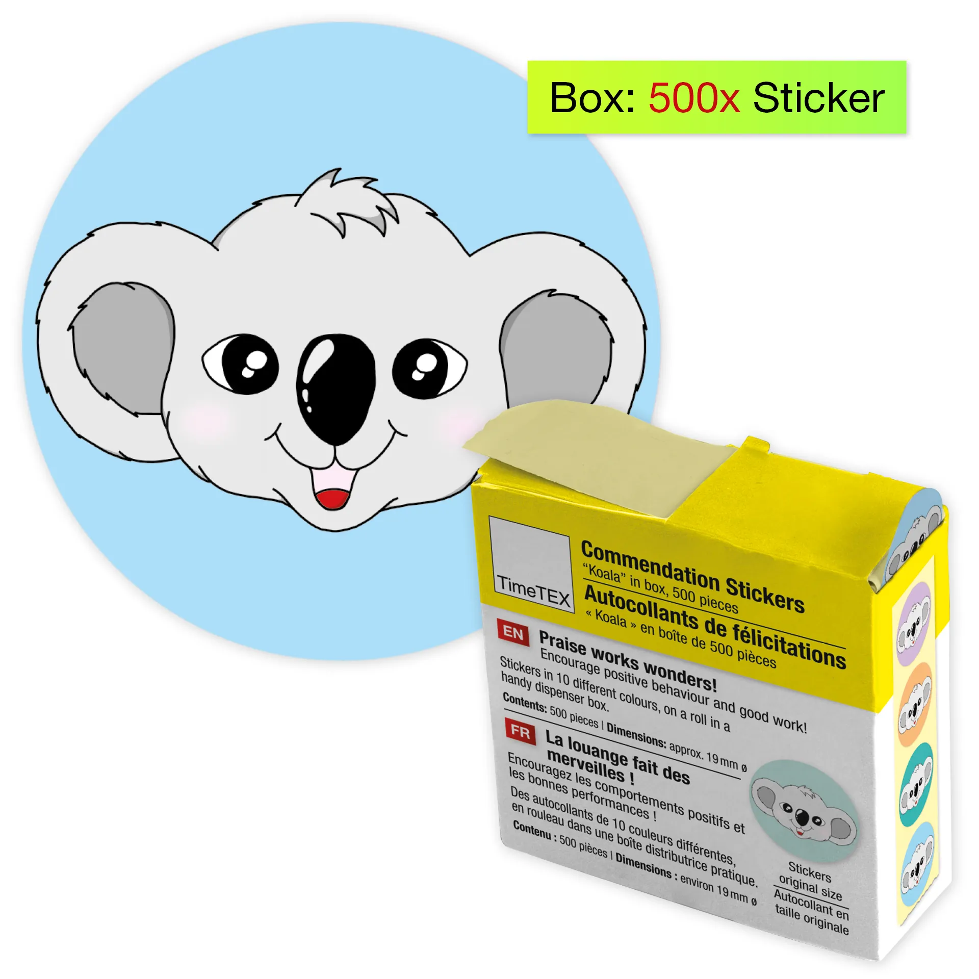 Belobigungs-Aufkleber "Koala" in Spender-Box, 500 Stück