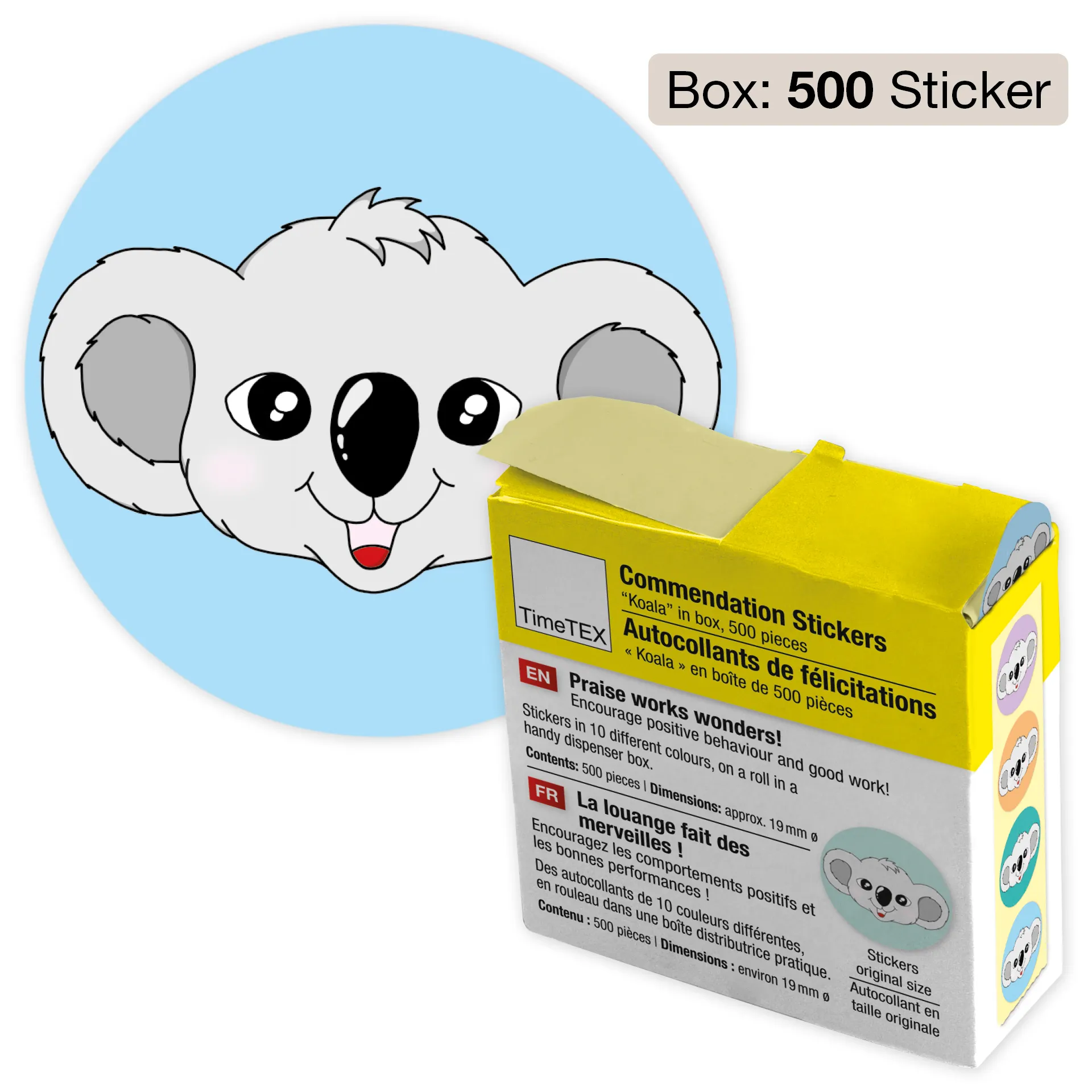 Belobigungs-Aufkleber "Koala" in Spender-Box, 500 Stück