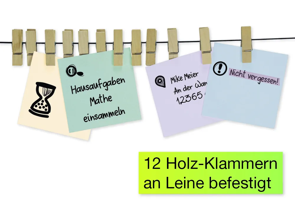 "Wäscheleine" für Memo-Zettel, inkl. 12 Holzklammern, Saugnapf