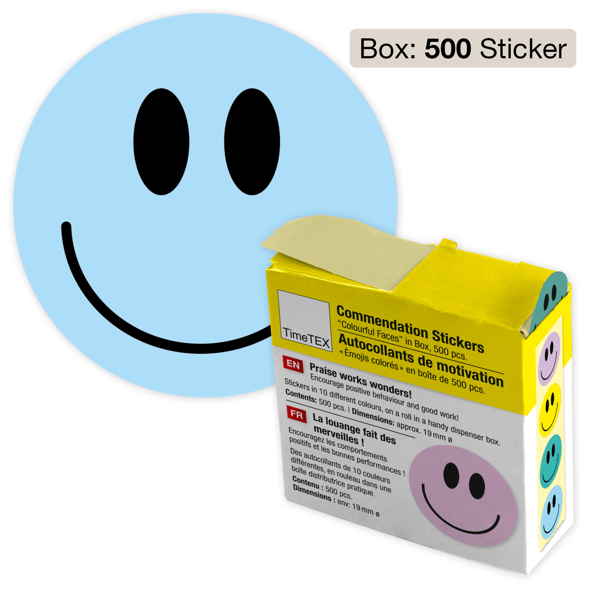 Belobigungs-Aufkleber "Gesichter bunt" in Spender-Box, 500 Stück