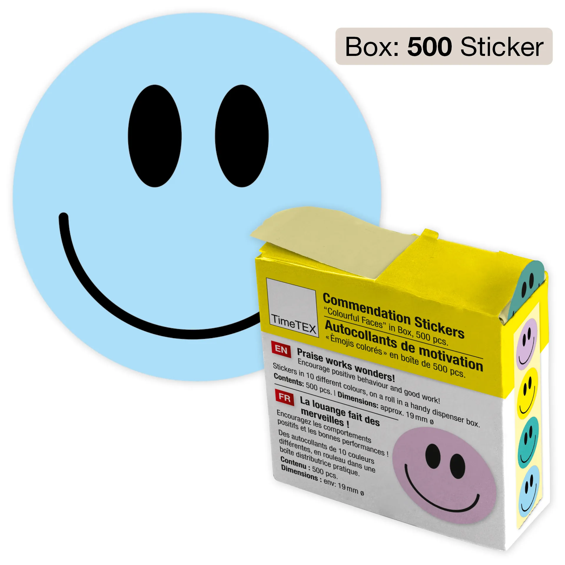 Belobigungs-Aufkleber "Gesichter bunt" in Spender-Box, 500 Stück
