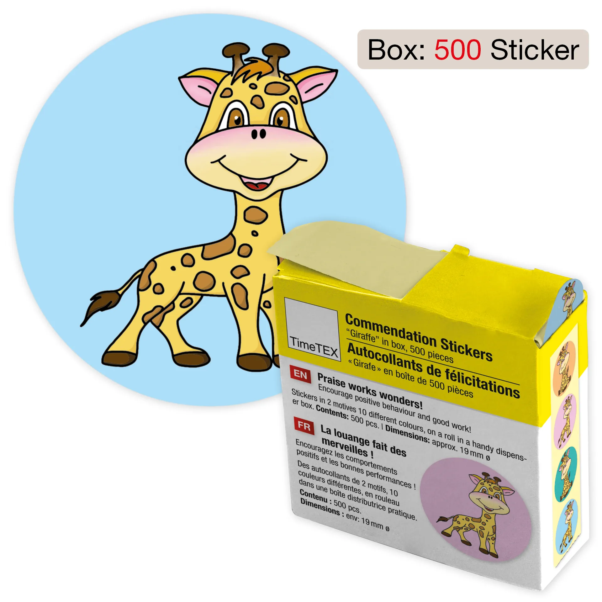 Belobigungs-Aufkleber "Giraffe" in Spender-Box, 500 Stück