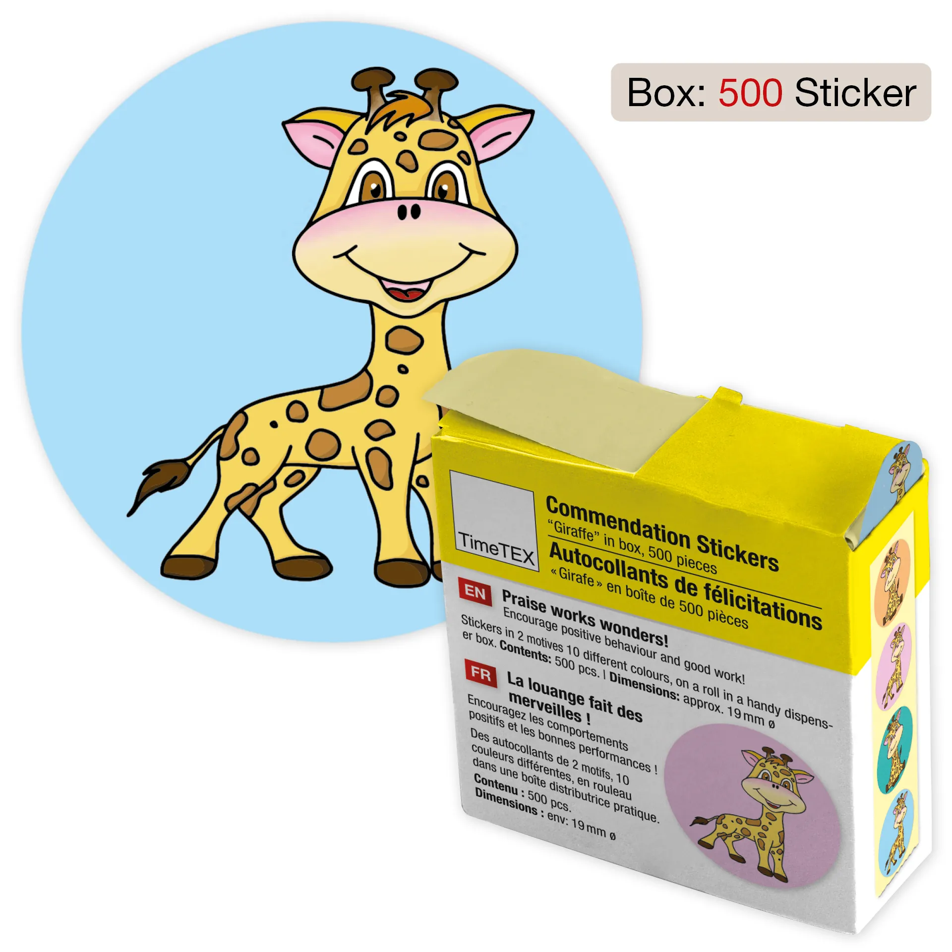 Belobigungs-Aufkleber "Giraffe" in Spender-Box, 500 Stück