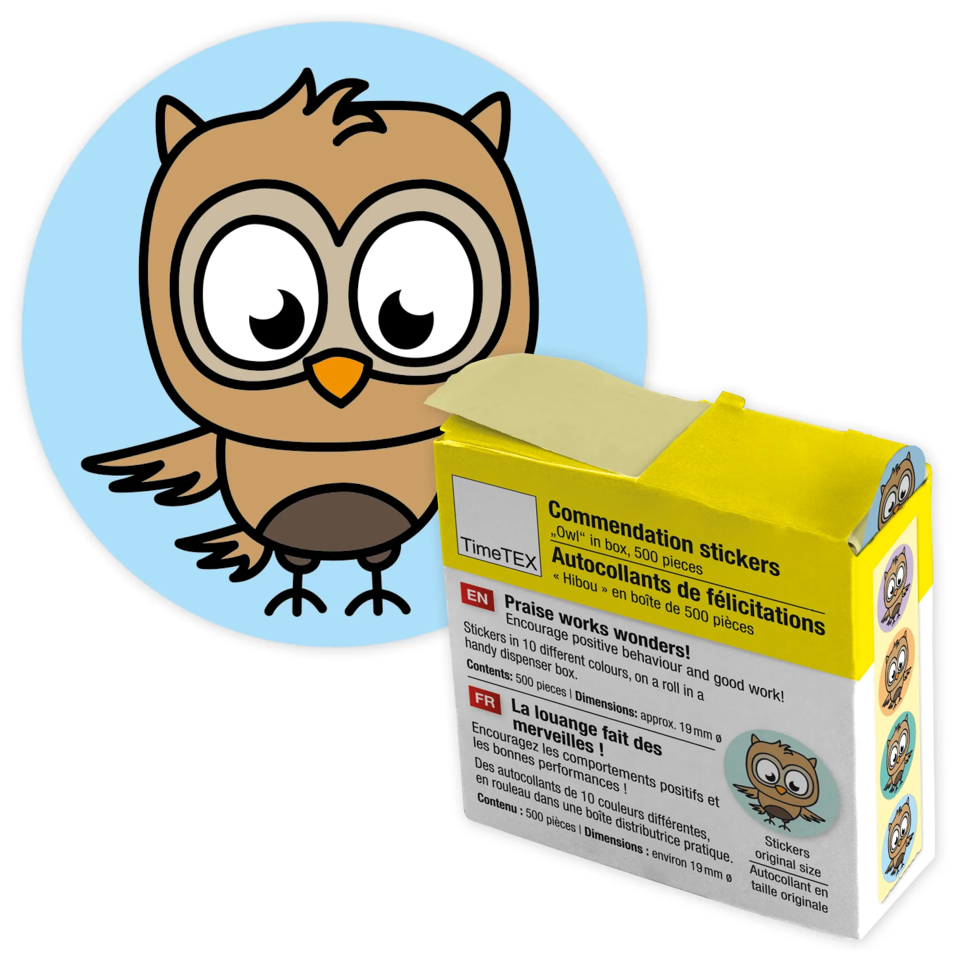 Belobigungs-Aufkleber "Eule" in Spender-Box, 500 Stück