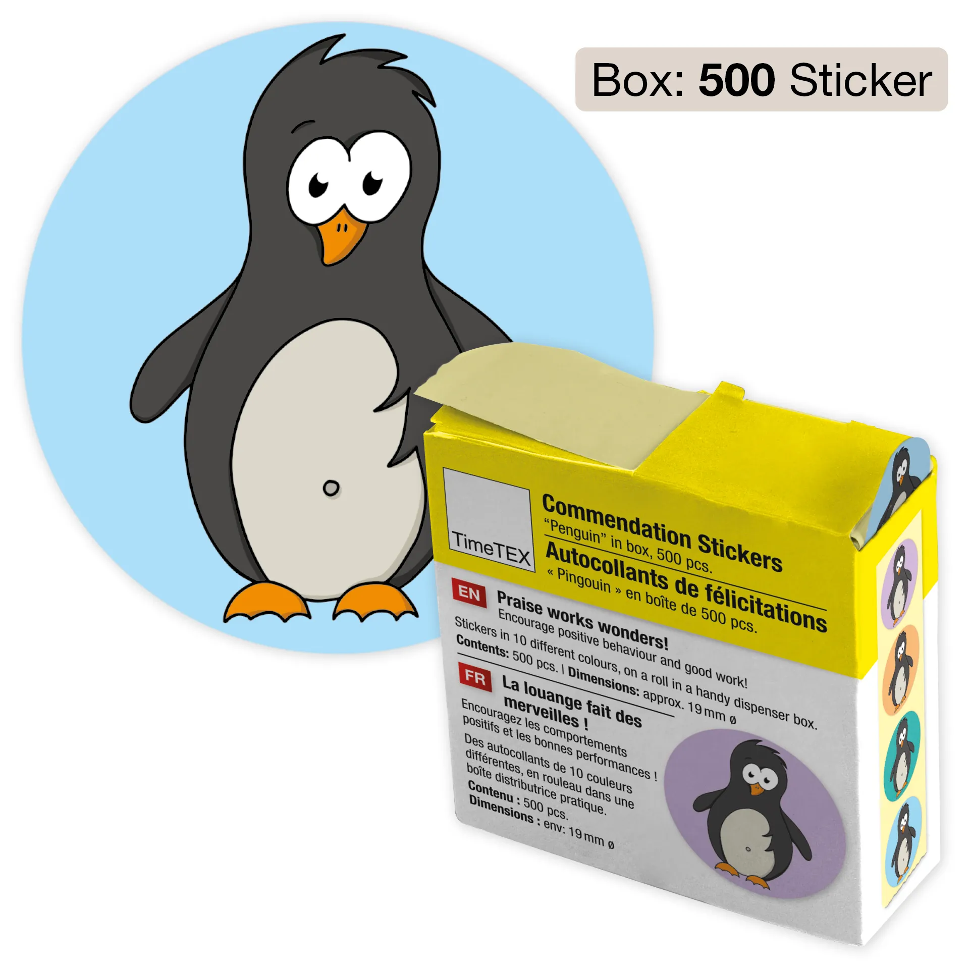 Belobigungs-Aufkleber "Pinguin" in Spender-Box, 500 Stück