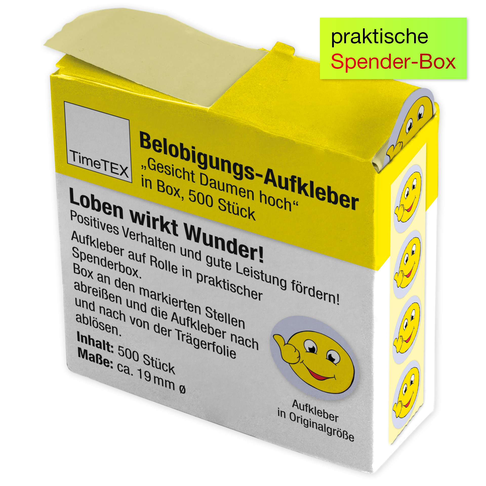 Belobigungs-Aufkleber "Gesicht Daumen hoch" in Spender-Box, 500 Stück Belobigungs-Aufkleber "Gesicht Daumen hoch" in Spender-Box, 500 Stück