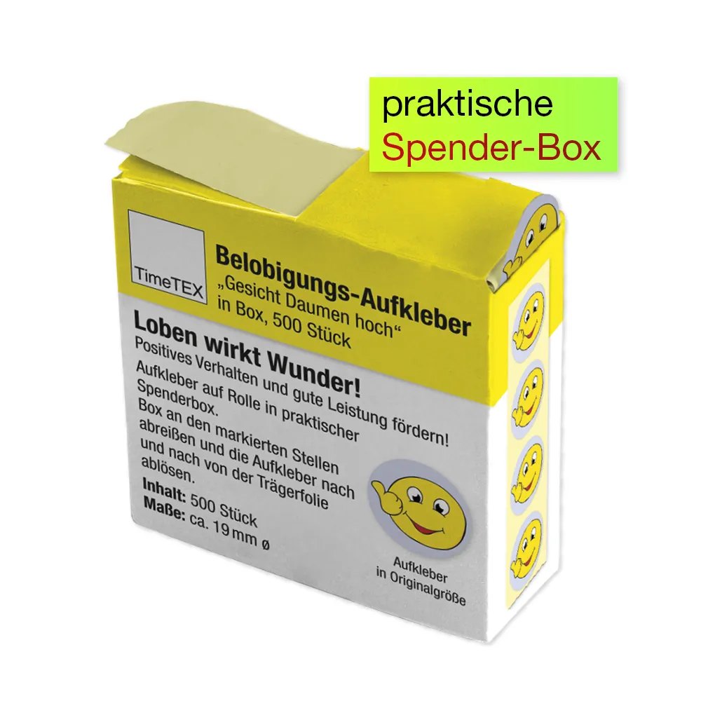 Belobigungs-Aufkleber "Gesicht Daumen hoch" in Spender-Box, 500 Stück