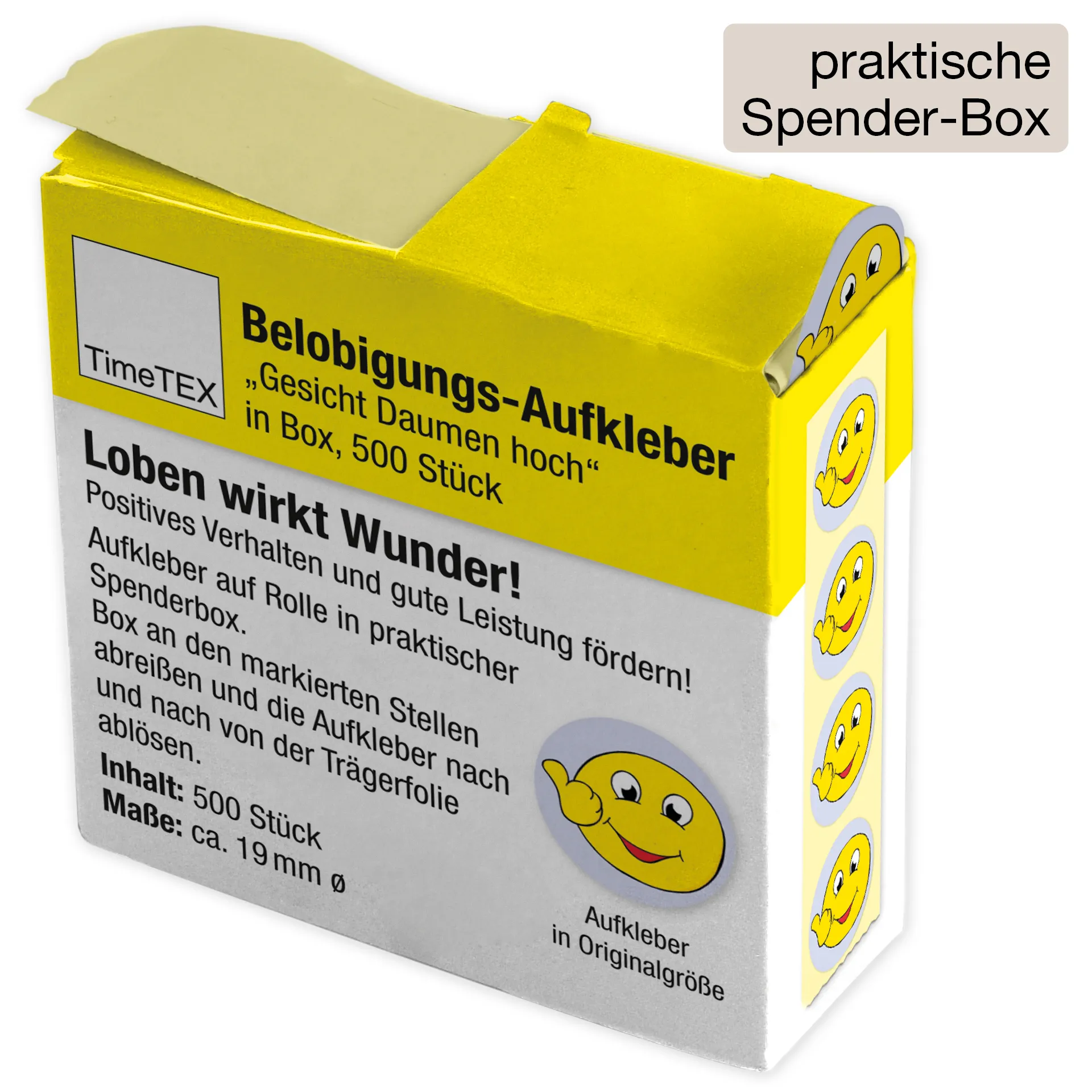 Belobigungs-Aufkleber "Gesicht Daumen hoch" in Spender-Box, 500 Stück