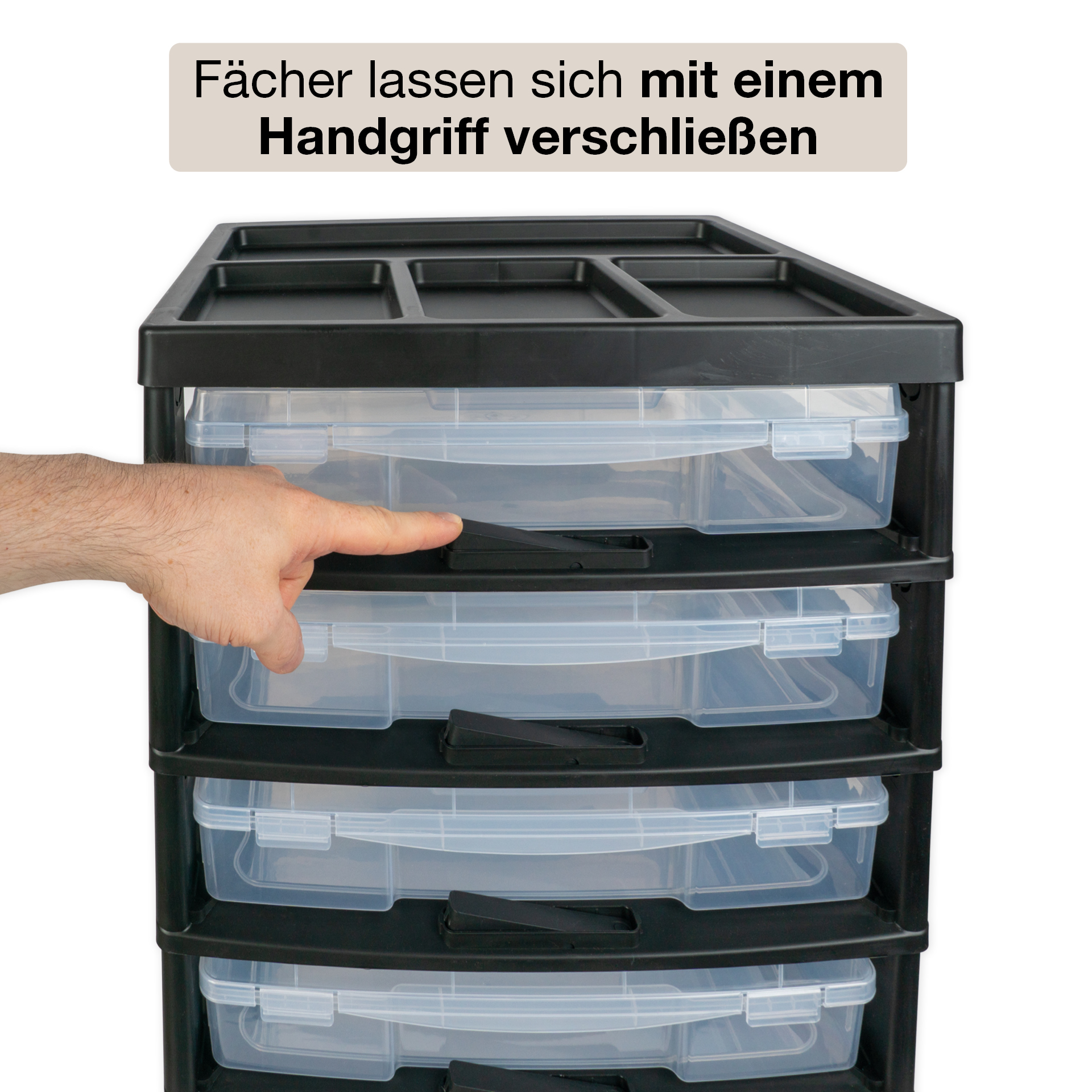 Schubladen-Block mit 6 Klappdeckel-Boxen und 4 Lenkrollen
