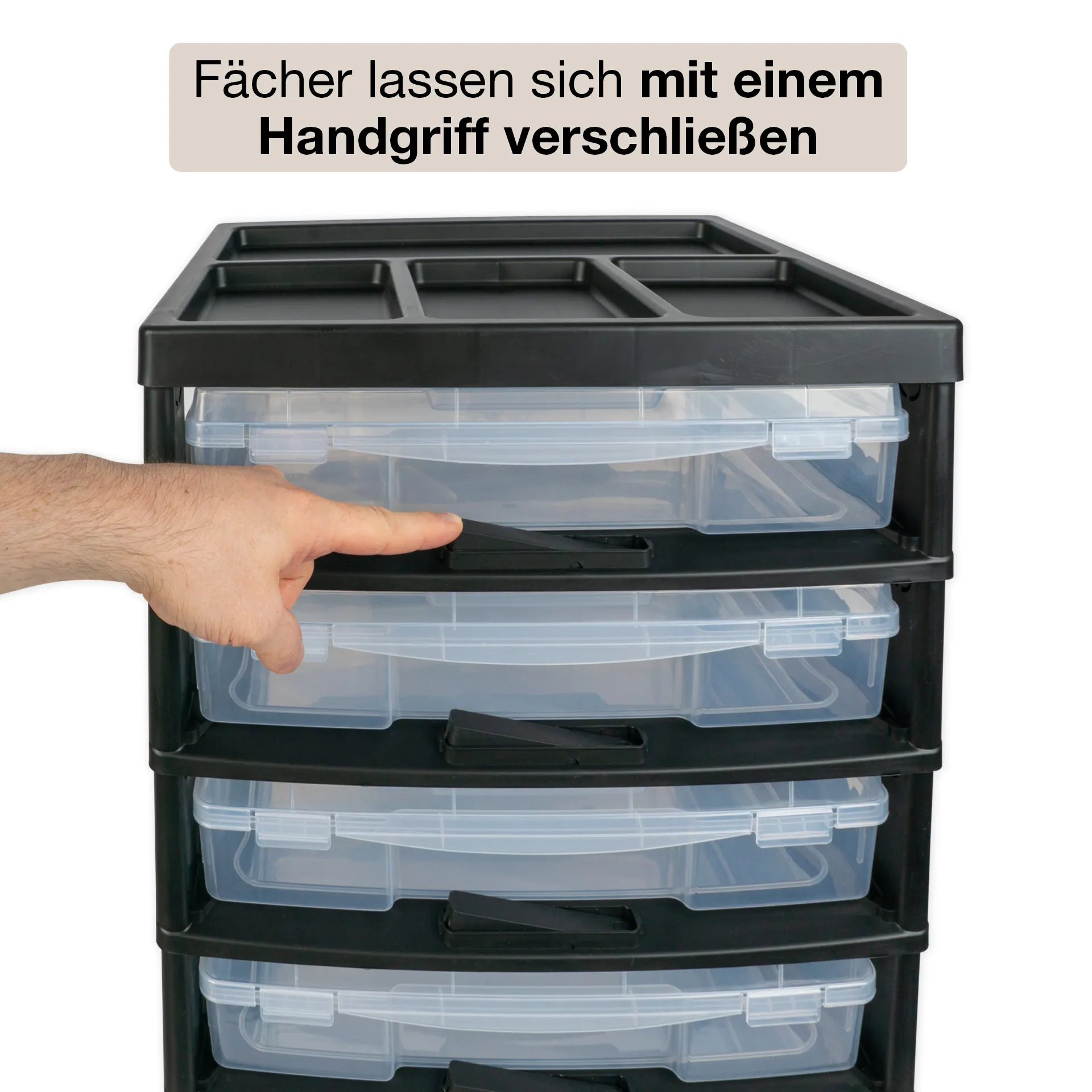Schubladen-Block mit 6 Klappdeckel-Boxen und 4 Lenkrollen