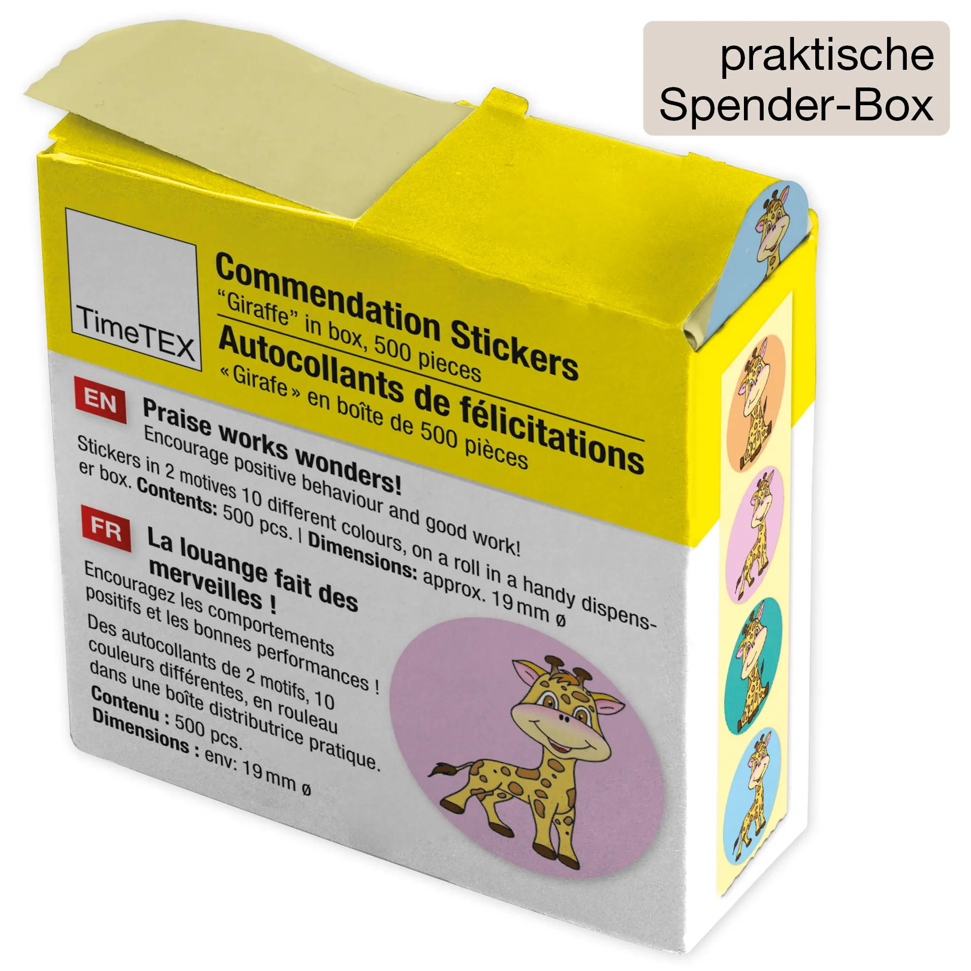 Belobigungs-Aufkleber "Giraffe" in Spender-Box, 500 Stück