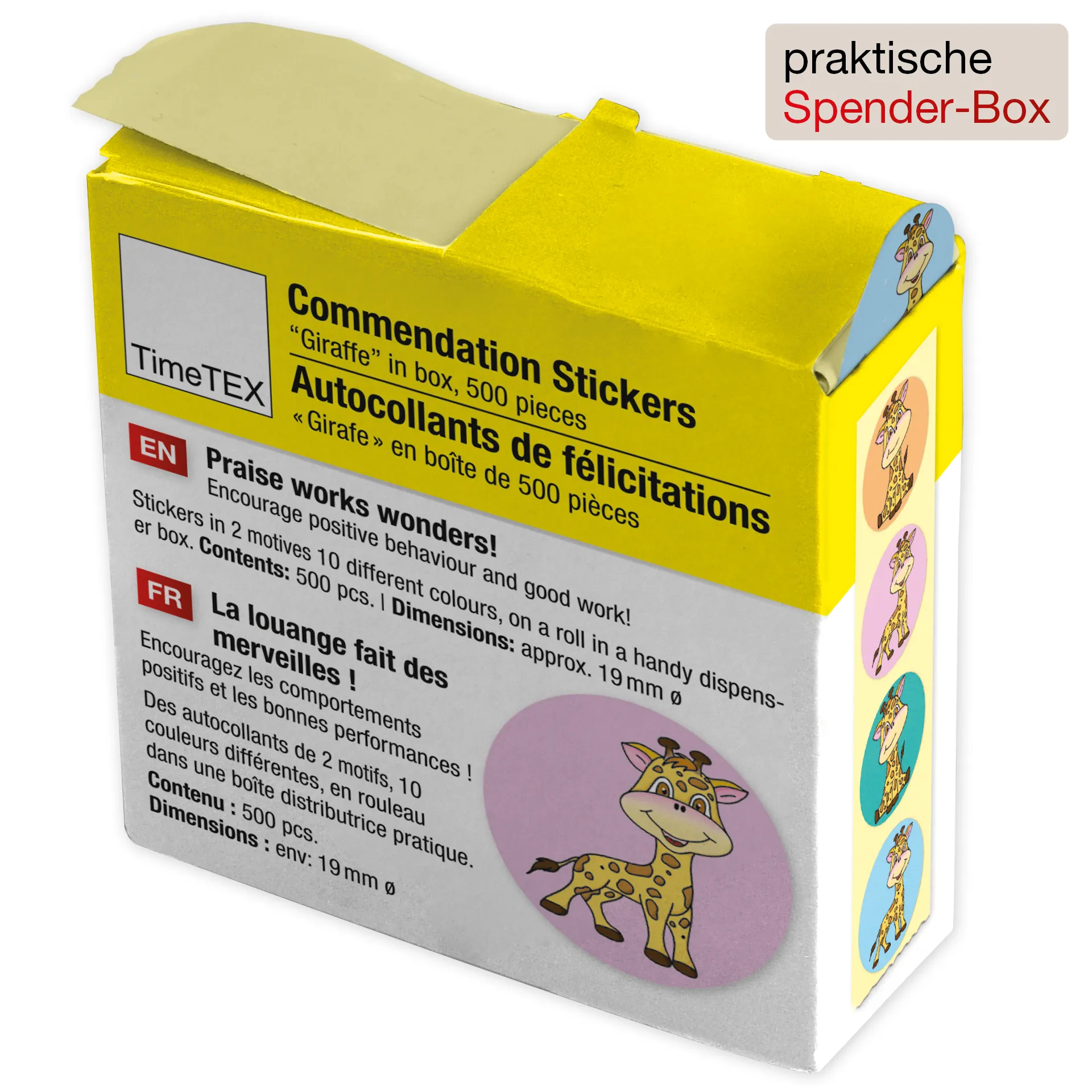 Belobigungs-Aufkleber "Giraffe" in Spender-Box, 500 Stück