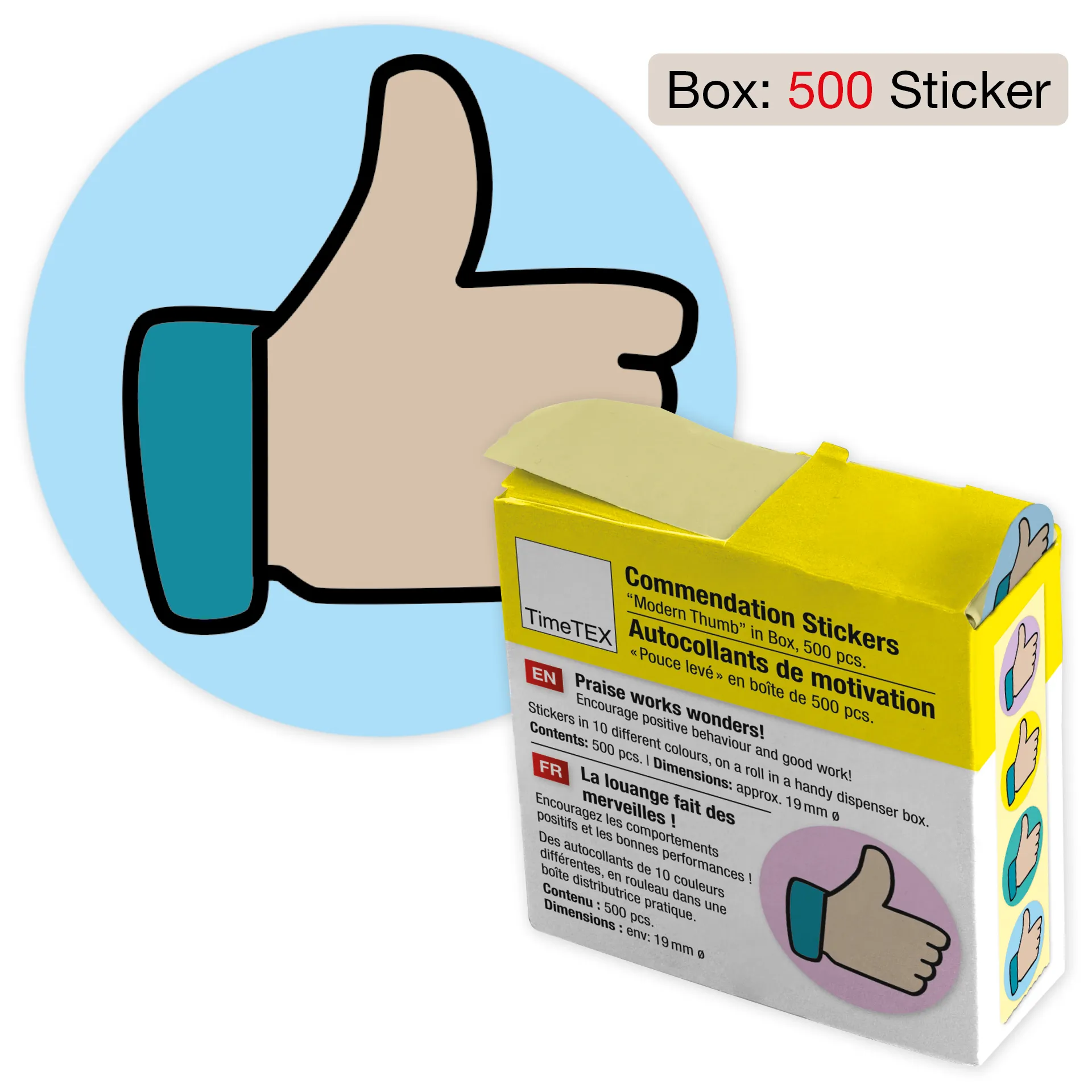 Belobigungs-Aufkleber "Daumen modern" in Spender-Box, 500 Stück