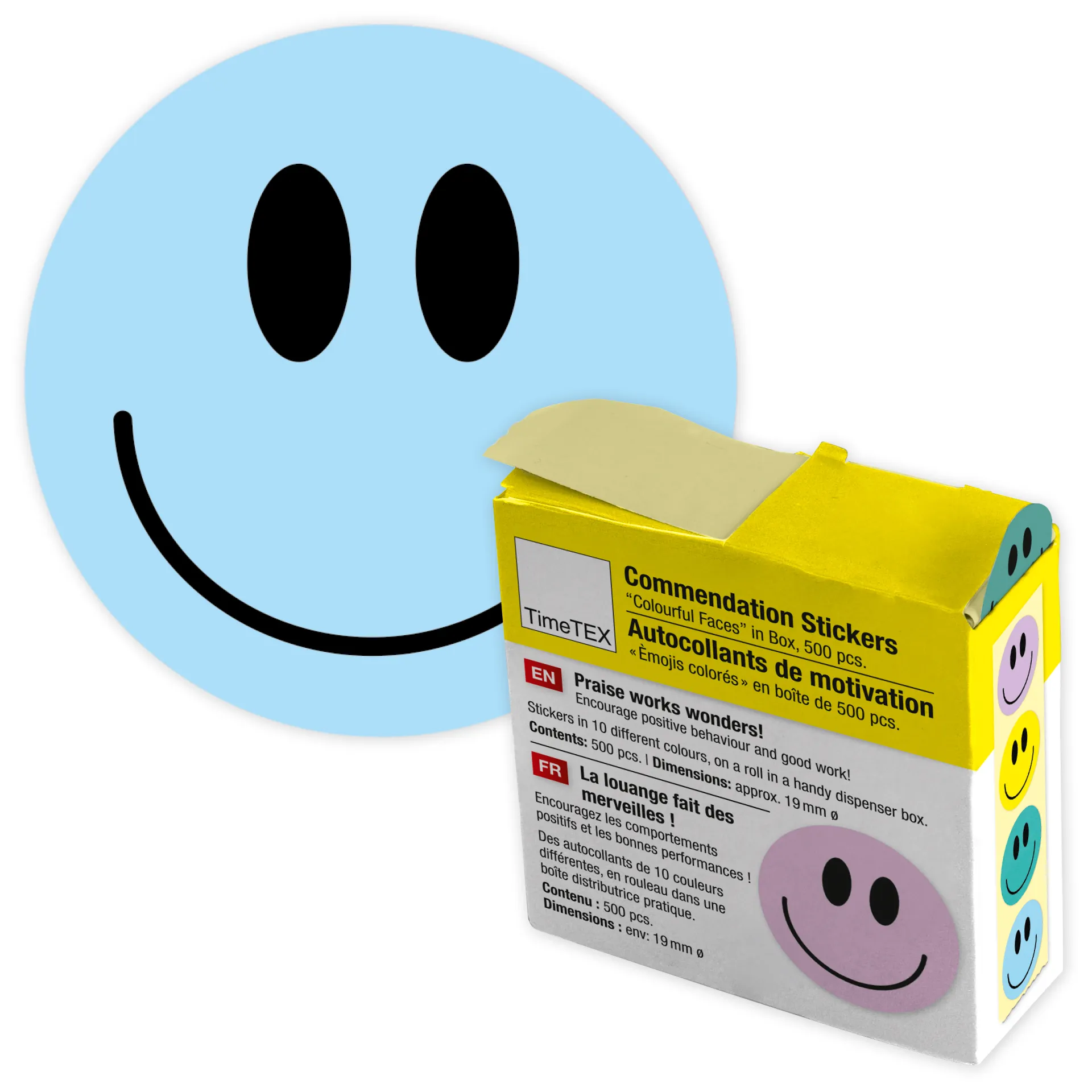 Belobigungs-Aufkleber "Gesichter bunt" in Spender-Box, 500 Stück