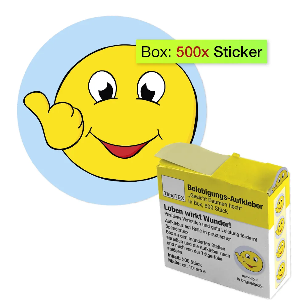 Belobigungs-Aufkleber "Gesicht Daumen hoch" in Spender-Box, 500 Stück