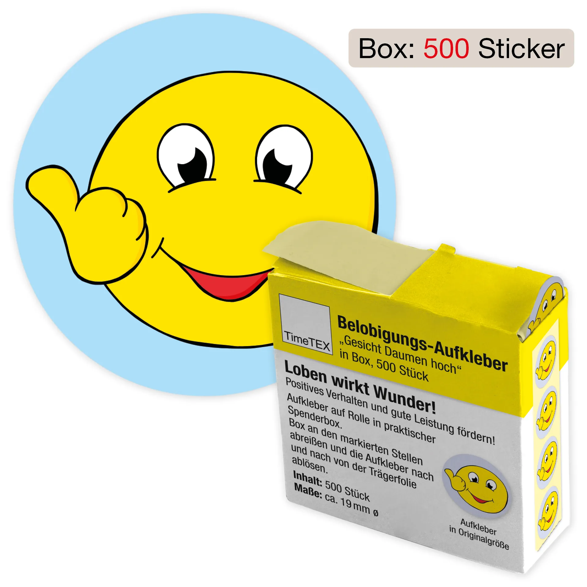 Belobigungs-Aufkleber "Gesicht Daumen hoch" in Spender-Box, 500 Stück