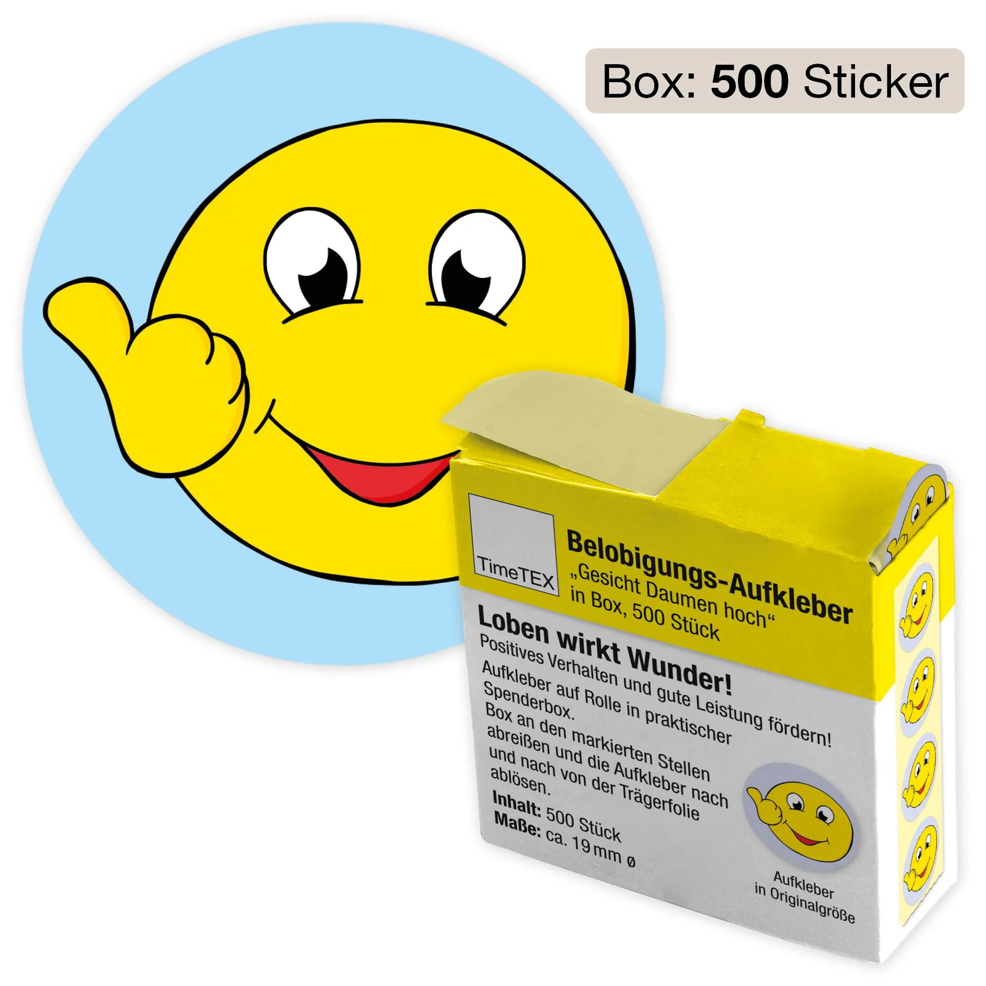 Belobigungs-Aufkleber "Gesicht Daumen hoch" in Spender-Box, 500 Stück