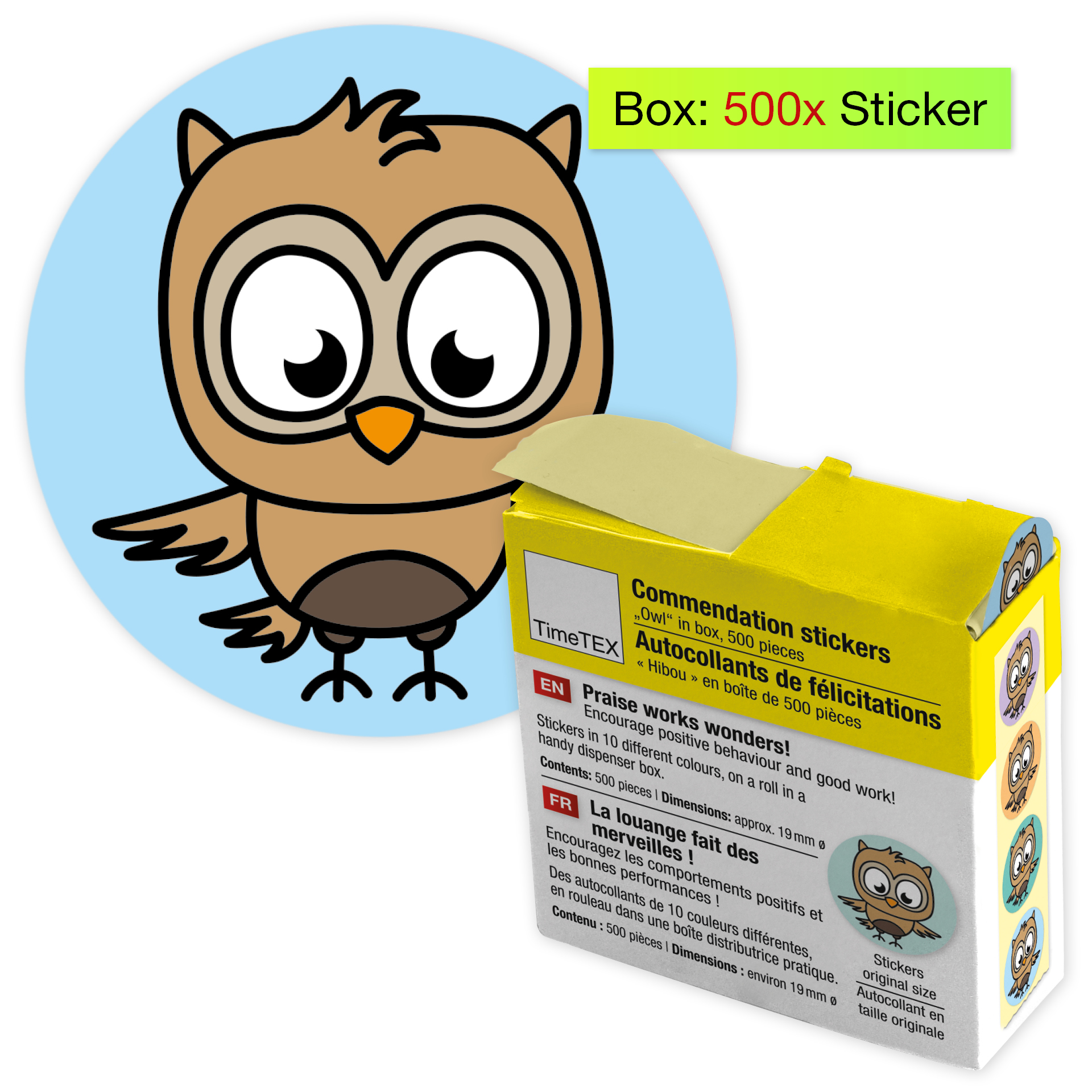 Belobigungs-Aufkleber "Eule" in Spender-Box, 500 Stück