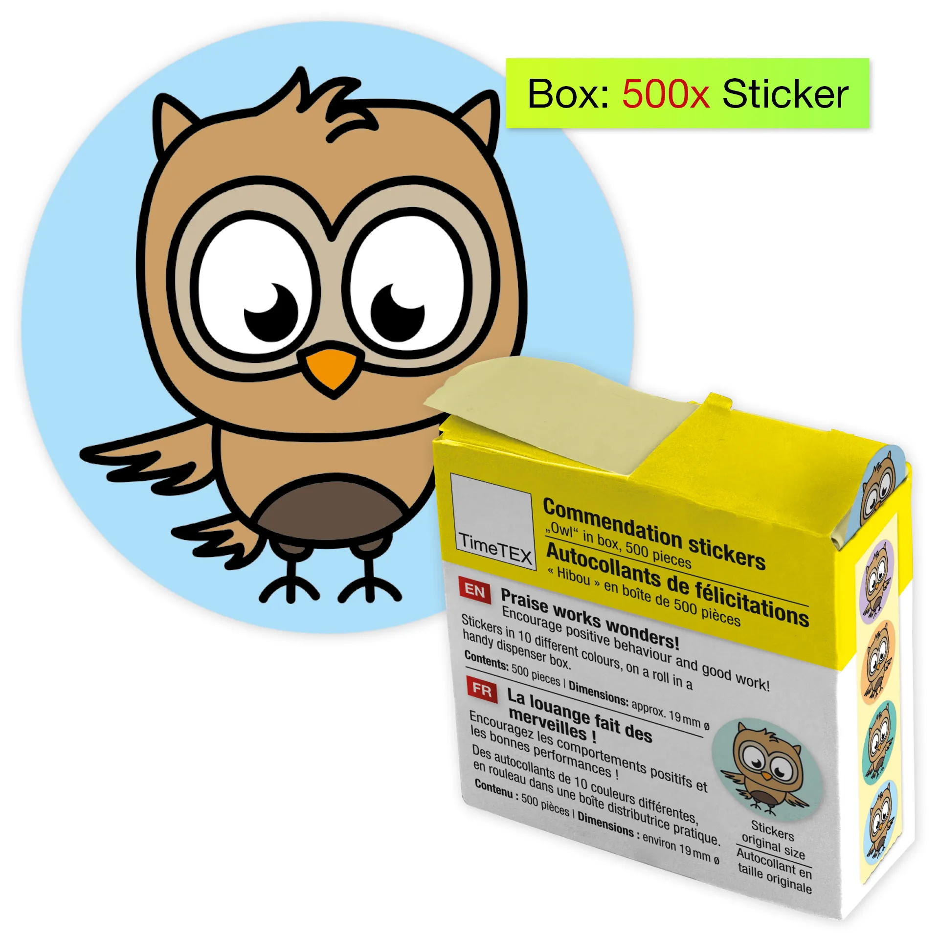 Belobigungs-Aufkleber "Eule" in Spender-Box, 500 Stück