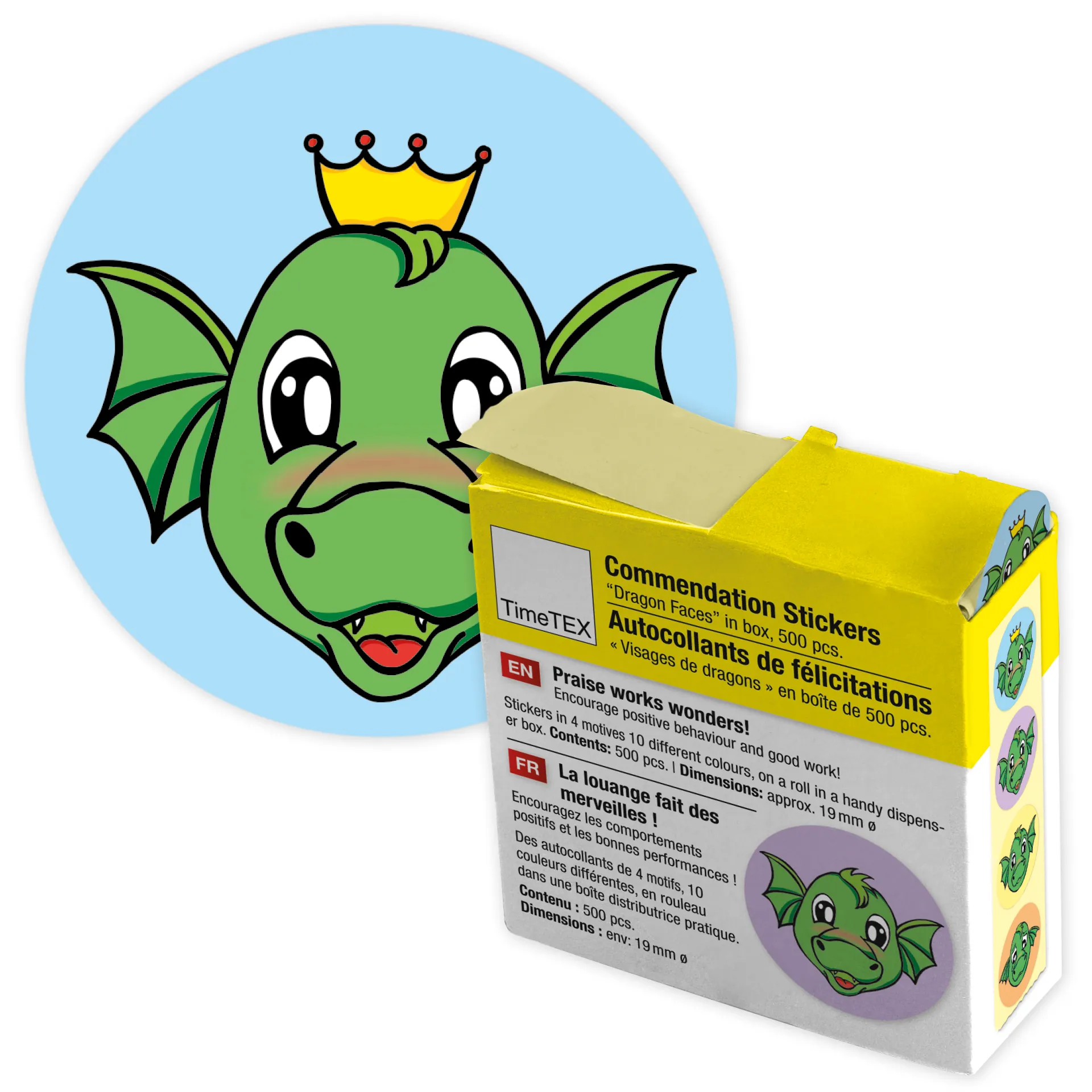 Belobigungs-Aufkleber "Drachen-Gesichter" in Spender-Box, 500 Stück