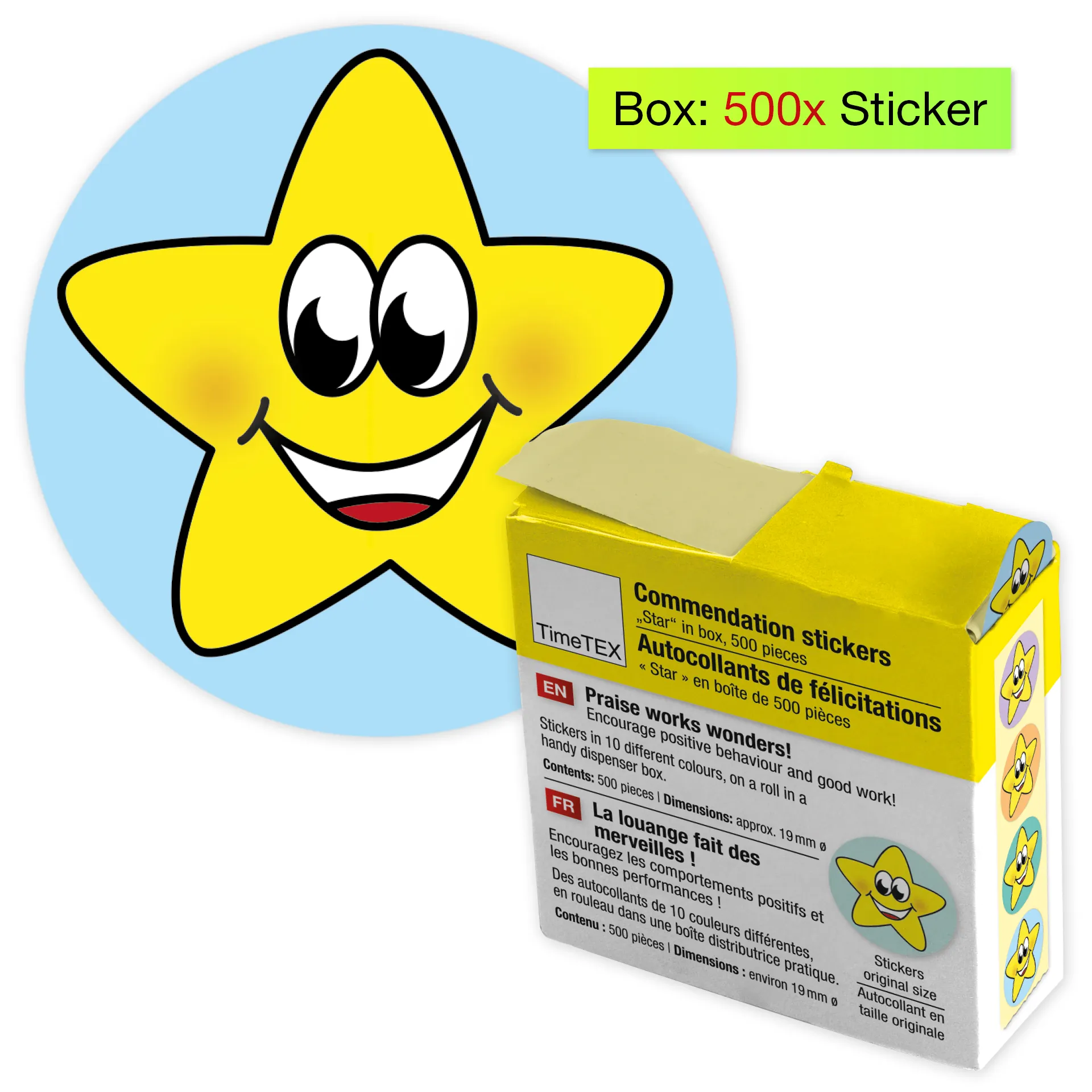 Belobigungs-Aufkleber "Sternchen bunt" in Spender-Box, 500 Stück Belobigungs-Aufkleber "Sternchen bunt" in Spender-Box, 500 Stück
