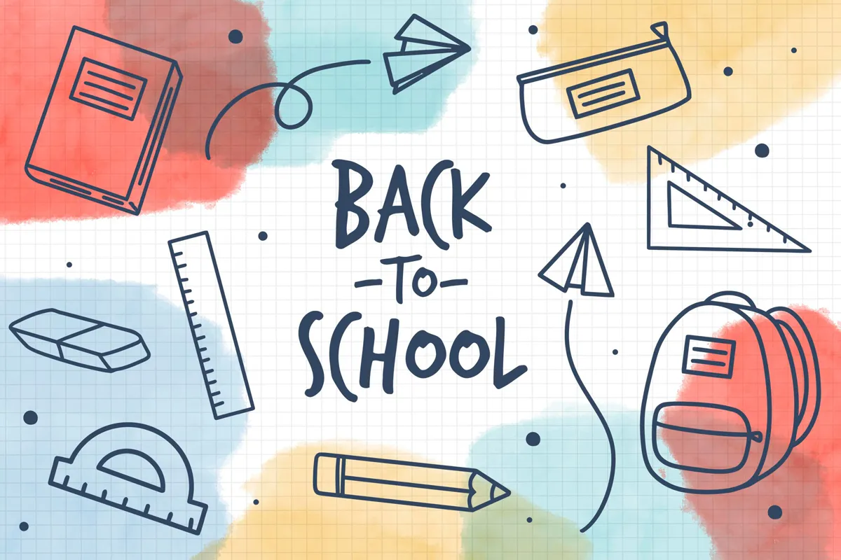 Farbenfrohes Grafikdesgin mit der Aufschrift "Back to School" und handgezeichneten Schulutensilien wie Buch, Rucksack, Lineal, Bleistift und Federmäppchen